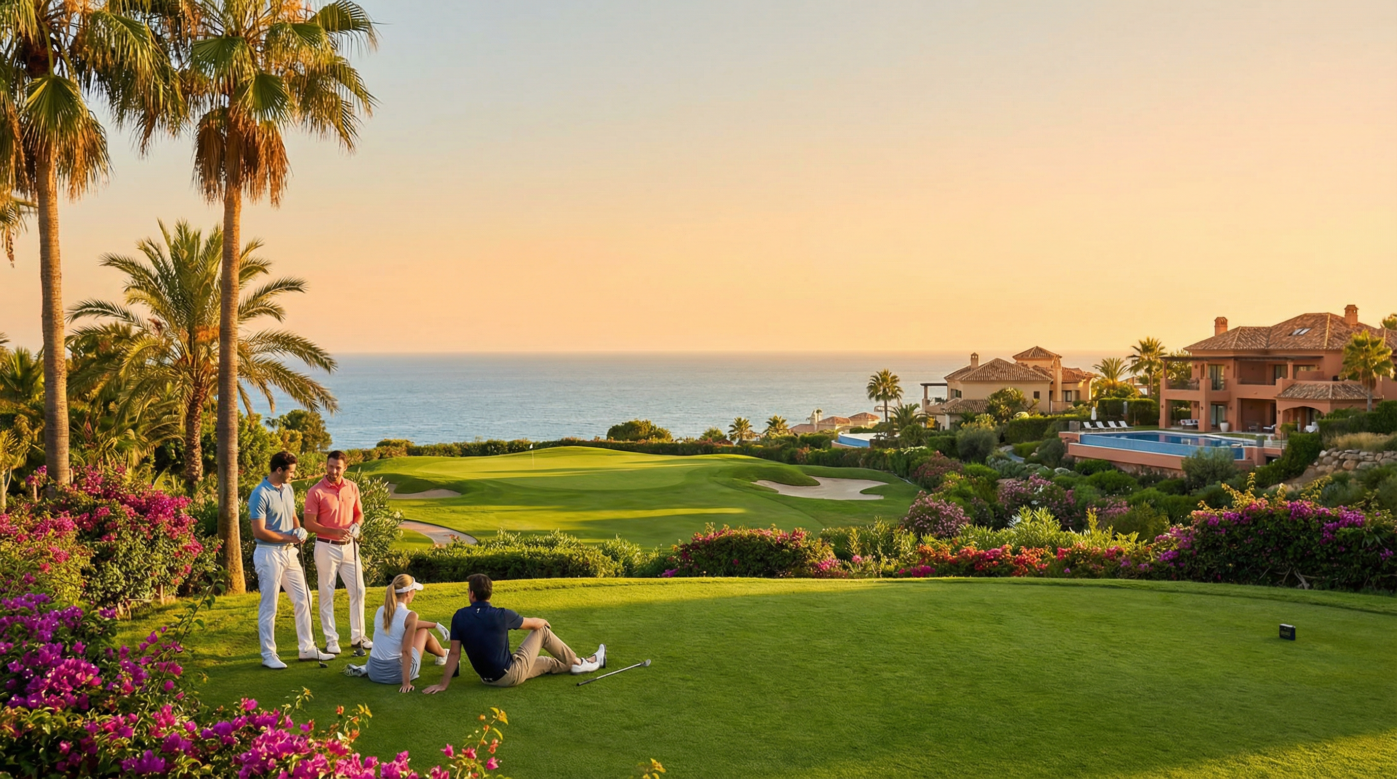 Luxuriöse Golfszene an der Costa del Sol während der goldenen Stunde mit eleganten Golfern, Palmen und Blick auf das glitzernde Mittelmeer.