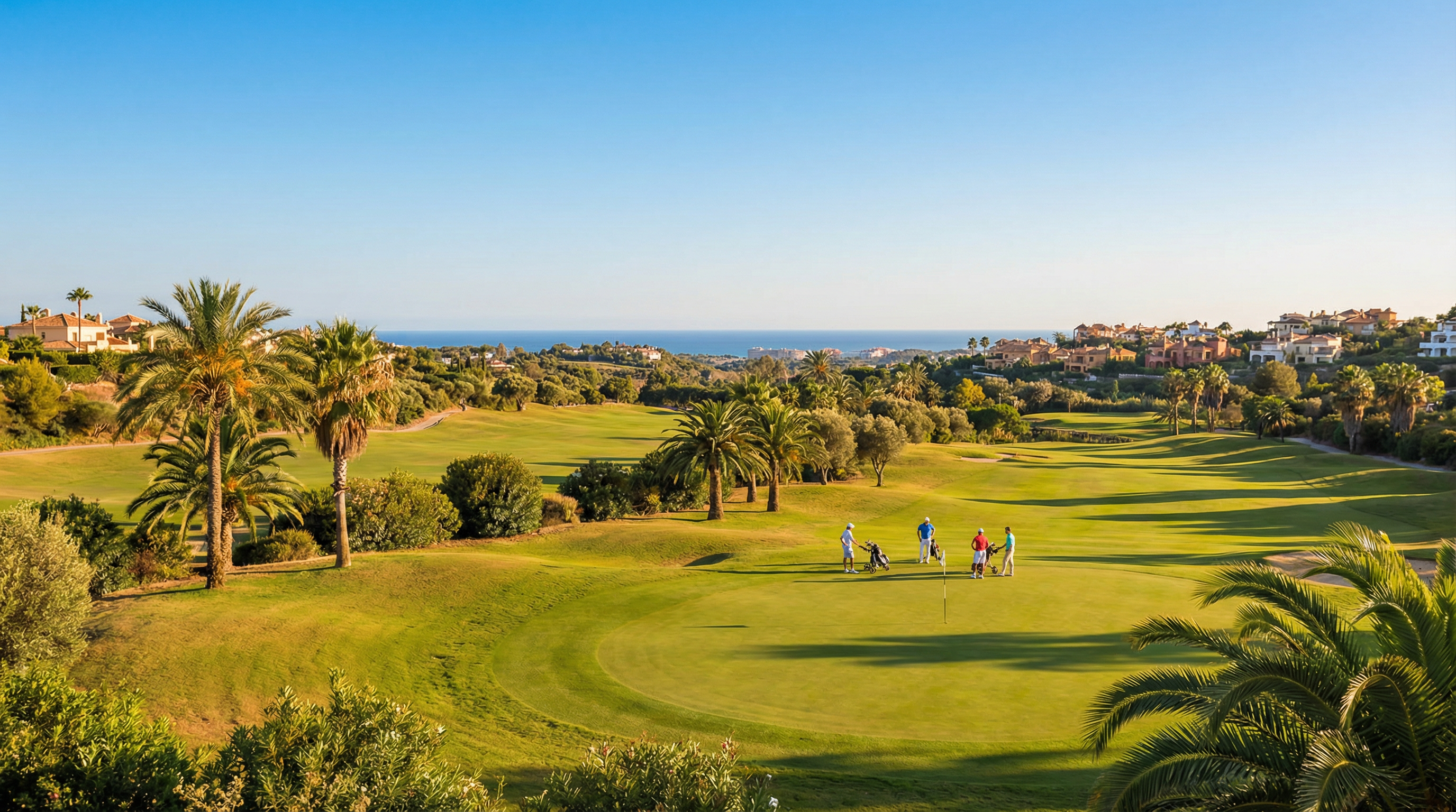 Blick auf einen sonnigen Golfplatz an der Costa del Sol mit gepflegten Grüns, Palmen und Golfern im Hintergrund unter klarem blauen Himmel.
