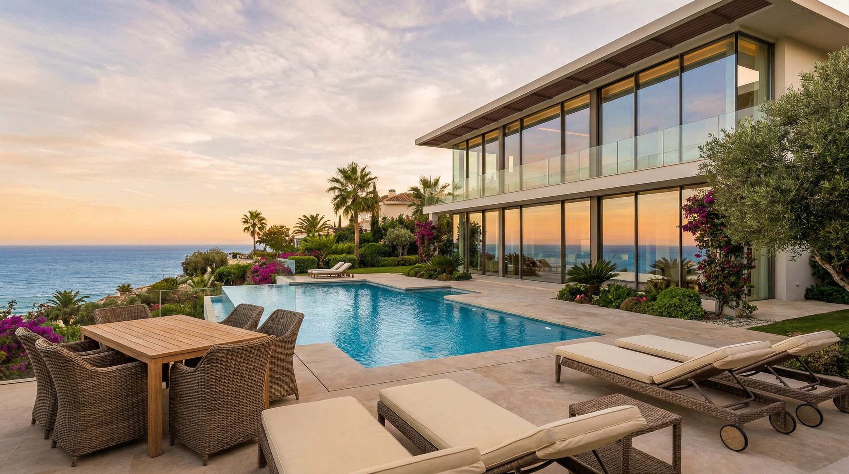 Luxuriøs villa i Costa del Sol med moderne arkitektur og store glassvinduer som reflekterer Middelhavets sollys. Utsikt over havet og frodige hager.