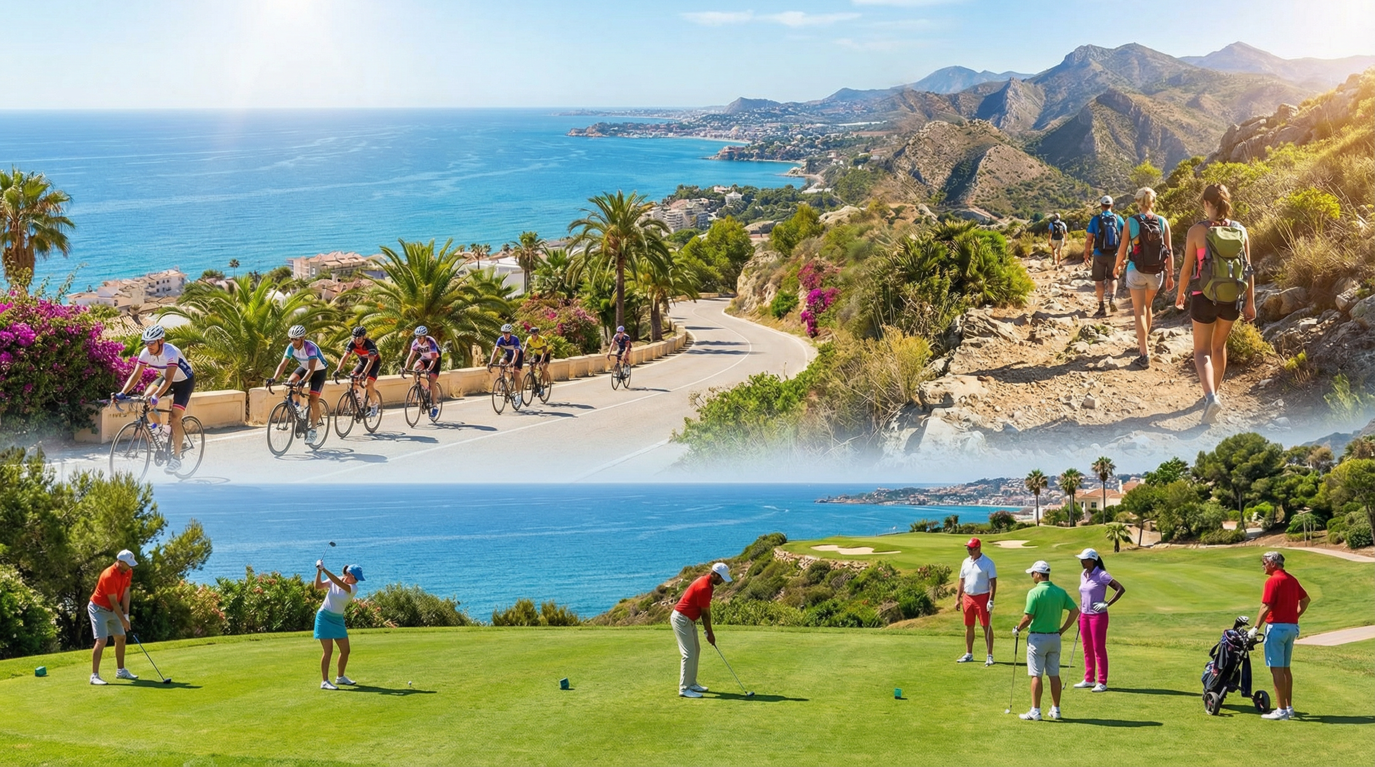 Des athlètes divers pratiquant le golf, le cyclisme et la randonnée sur la Costa del Sol, avec des montagnes en arrière-plan et un ciel bleu clair.