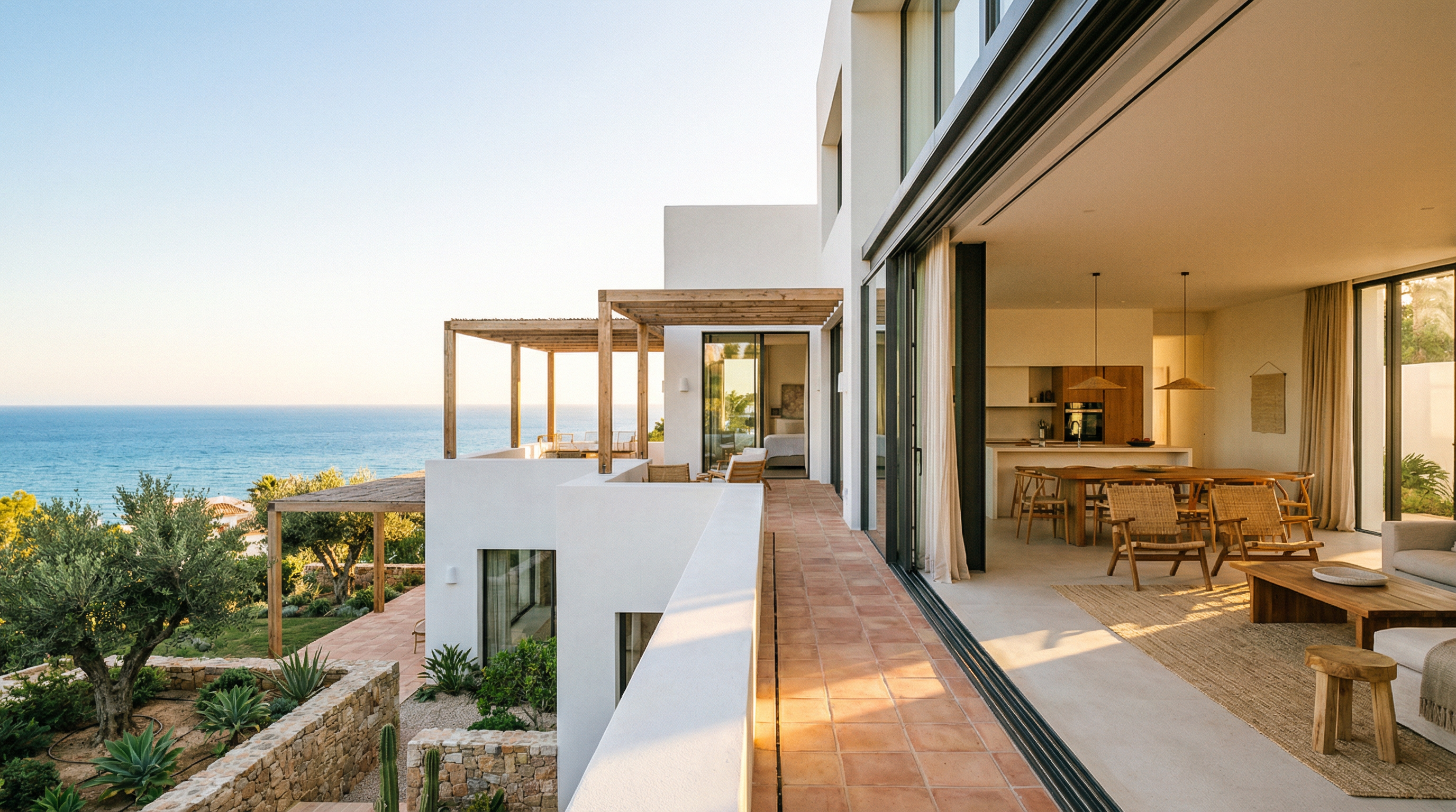 Moderne mediterrane Villa an der Costa del Sol mit weißen Wänden, großen Fenstern und einem atemberaubenden Meerblick.