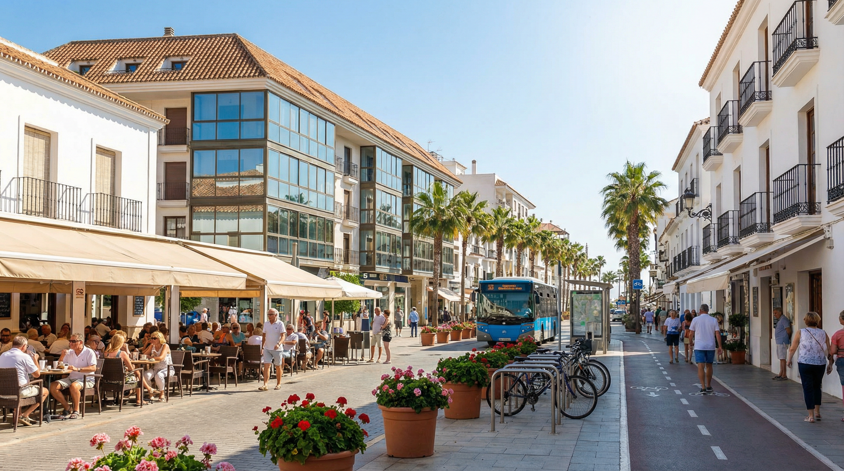 Belebte Fußgängerzone an der Costa del Sol mit modernem und traditionellem Architekturstil, Cafés, Palmen und öffentlichen Verkehrsmitteln.