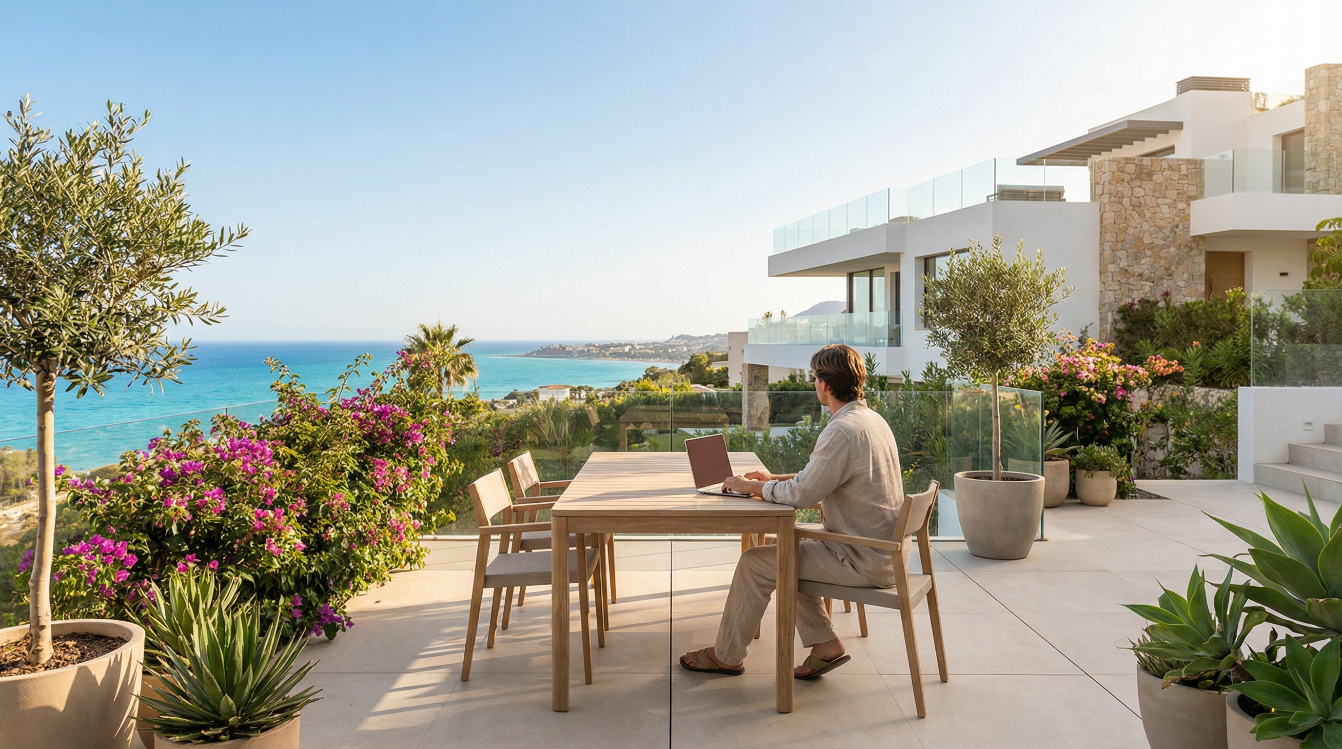 Ein moderner Arbeitsplatz im Freien an der Costa del Sol, mit Laptop und stilvollem Tisch, umgeben von üppigem Grün und blühenden Pflanzen.