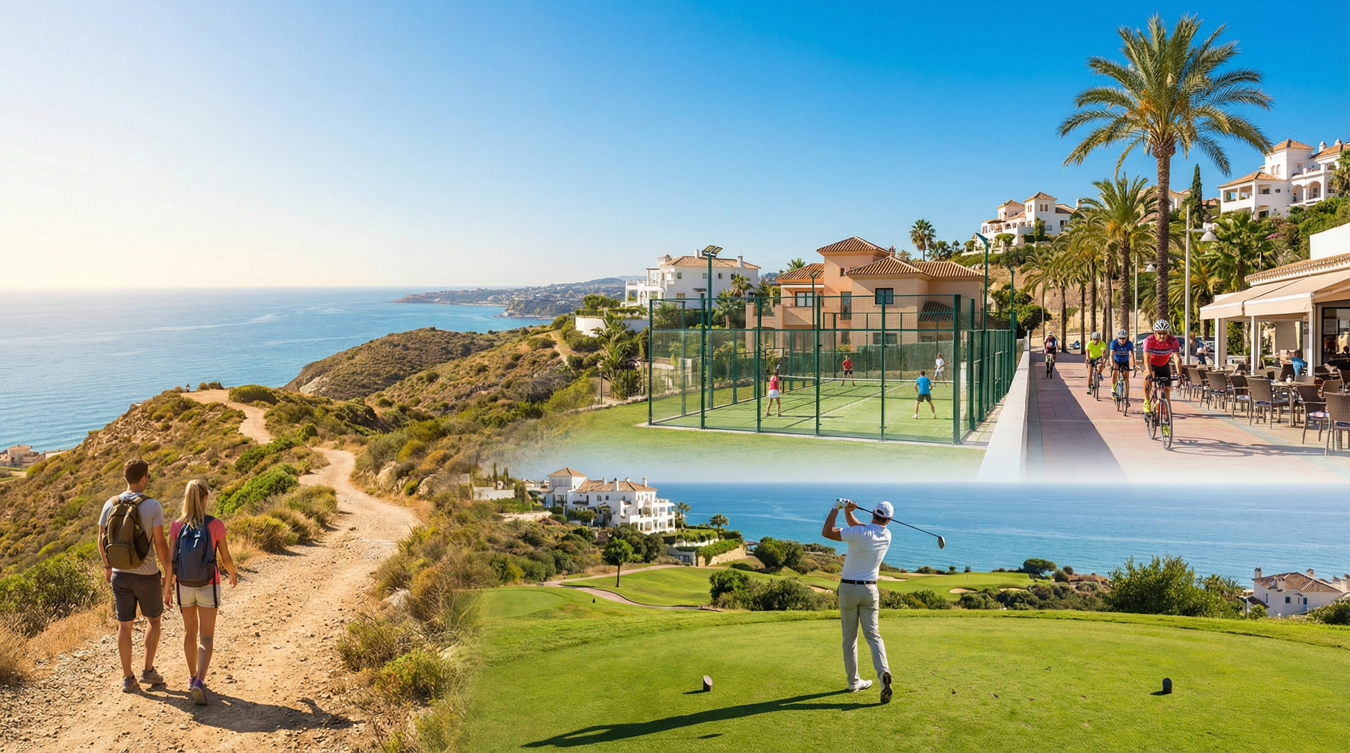 Aktive Menschen genießen das ideale Klima der Costa del Sol: Golfspieler, Wanderer, Padel-Spieler und Radfahrer vor malerischer Küstenlandschaft.