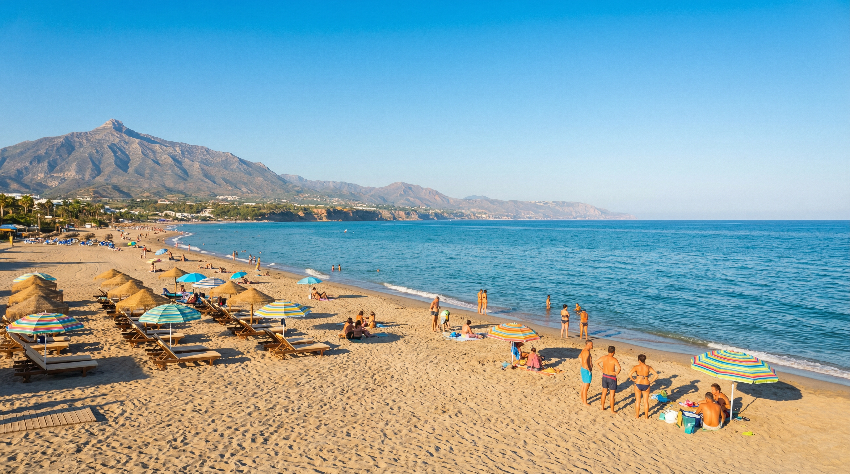 Panoramablick auf die Costa del Sol mit goldenen Stränden, dem klaren Mittelmeer und den majestätischen andalusischen Bergen im Hintergrund.