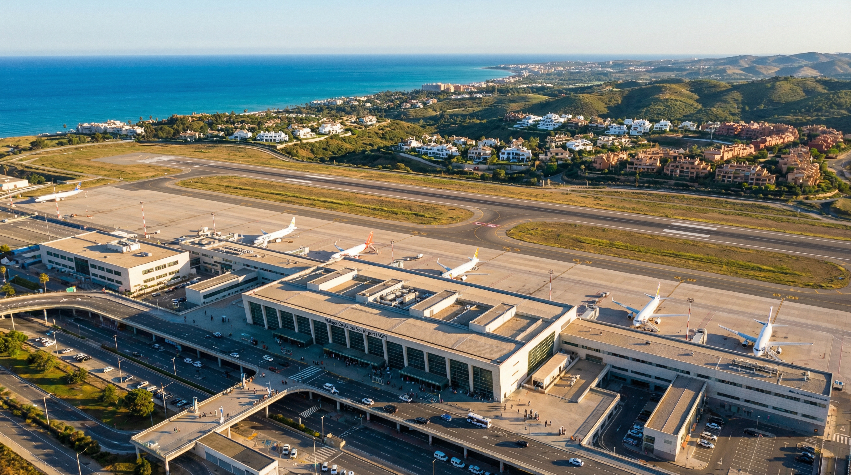 Luftaufnahme des modernen Flughafens Málaga an der Costa del Sol mit Küstenlandschaft und luxuriösen Villen im Hintergrund.