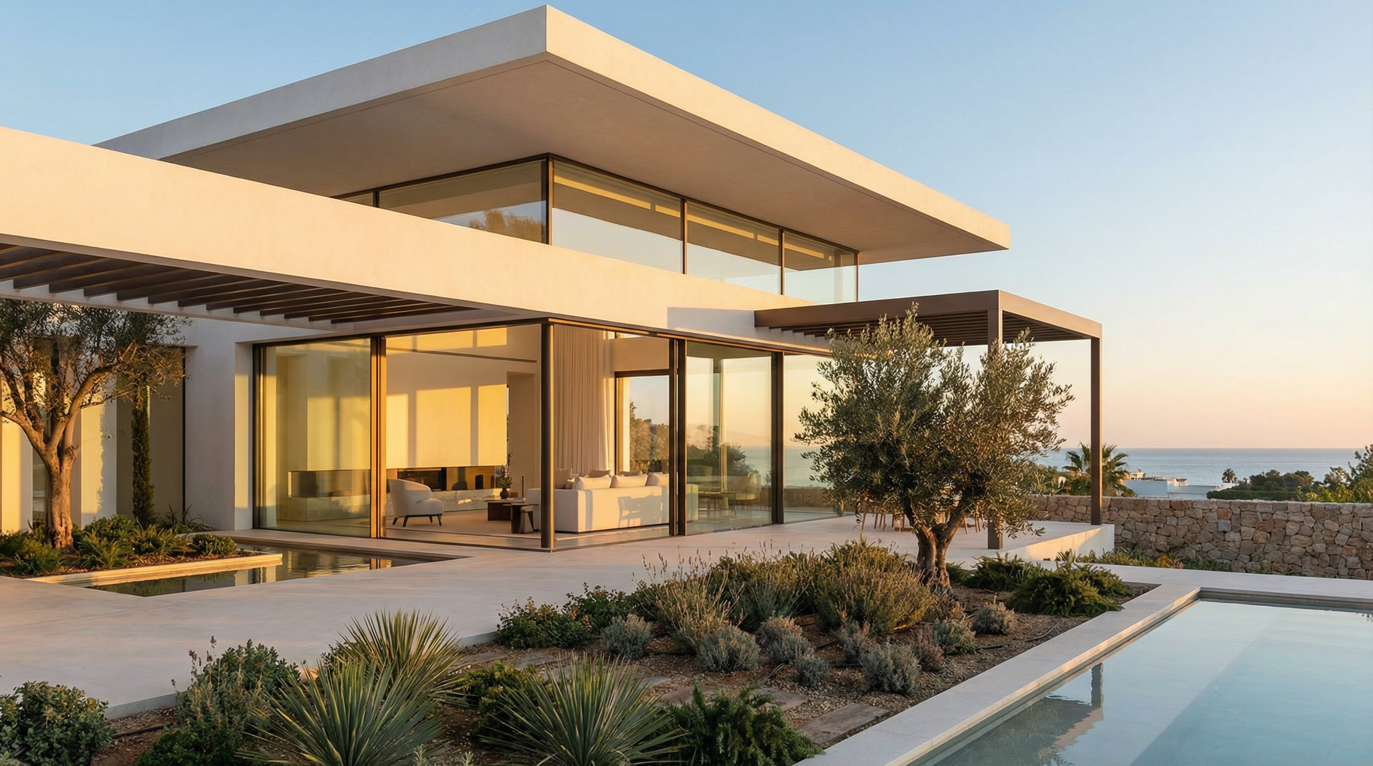 Moderne Villa an der Costa del Sol mit mediterraner Architektur, großen Fenstern und einem einladenden Innen-Außen-Bereich in goldenem Licht.