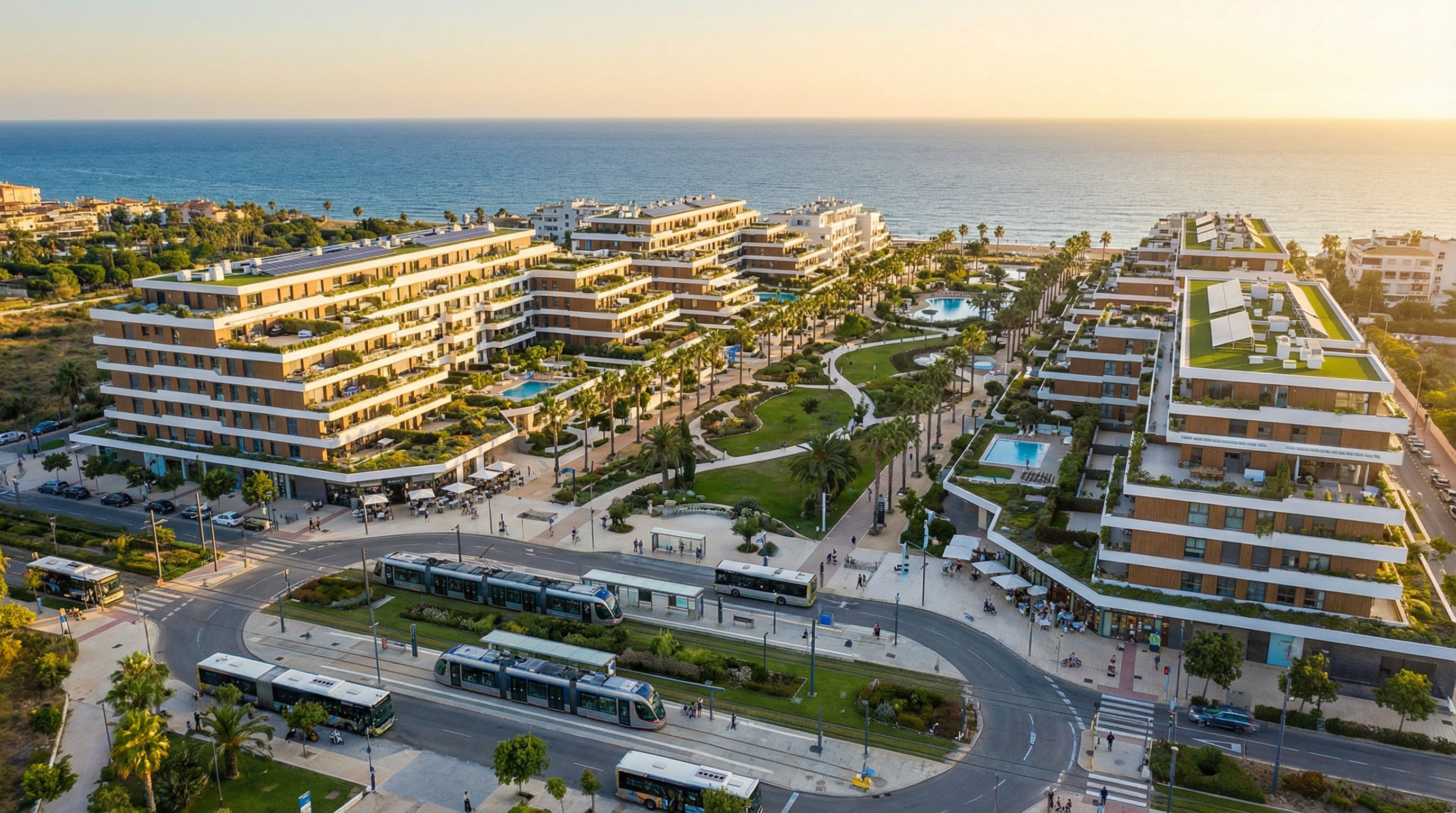 Luftaufnahme eines modernen Wohngebiets an der Costa del Sol mit umweltfreundlichen Gebäuden, öffentlichen Verkehrsmitteln und mediterraner Landschaft.