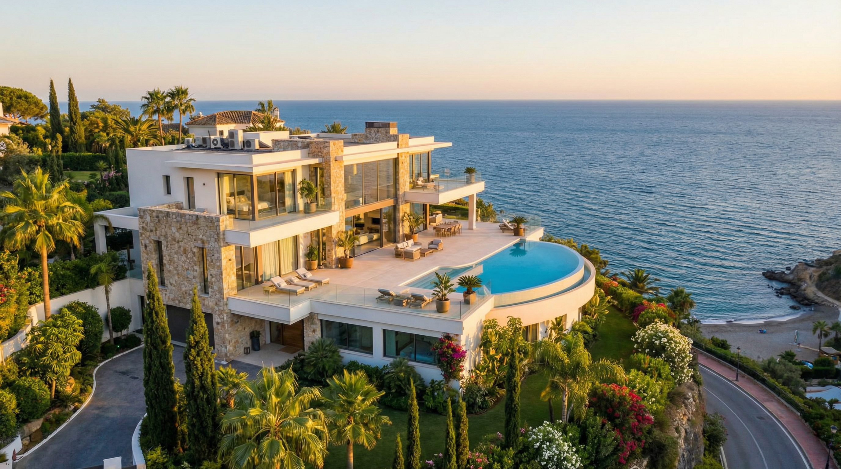 Luxuriöse Villa an der Costa del Sol mit modernem Design, umgeben von üppigem Grün und Blick auf das Mittelmeer. Infinity-Pool und große Fenster reflektieren das Licht.