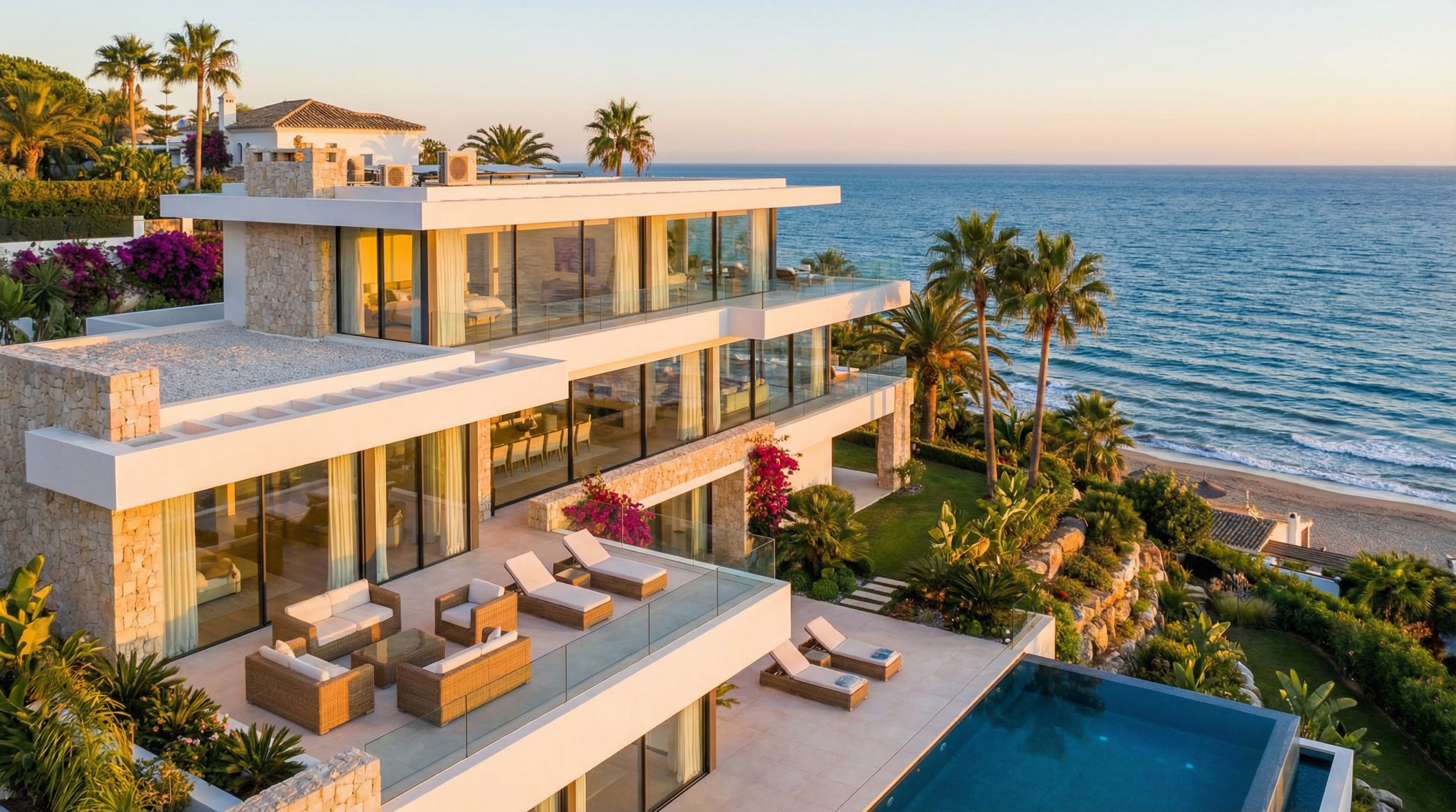 Wspaniały widok z lotu ptaka na nowoczesną willę na Costa del Sol z widokiem na Morze Śródziemne, otoczoną tropikalnymi ogrodami.