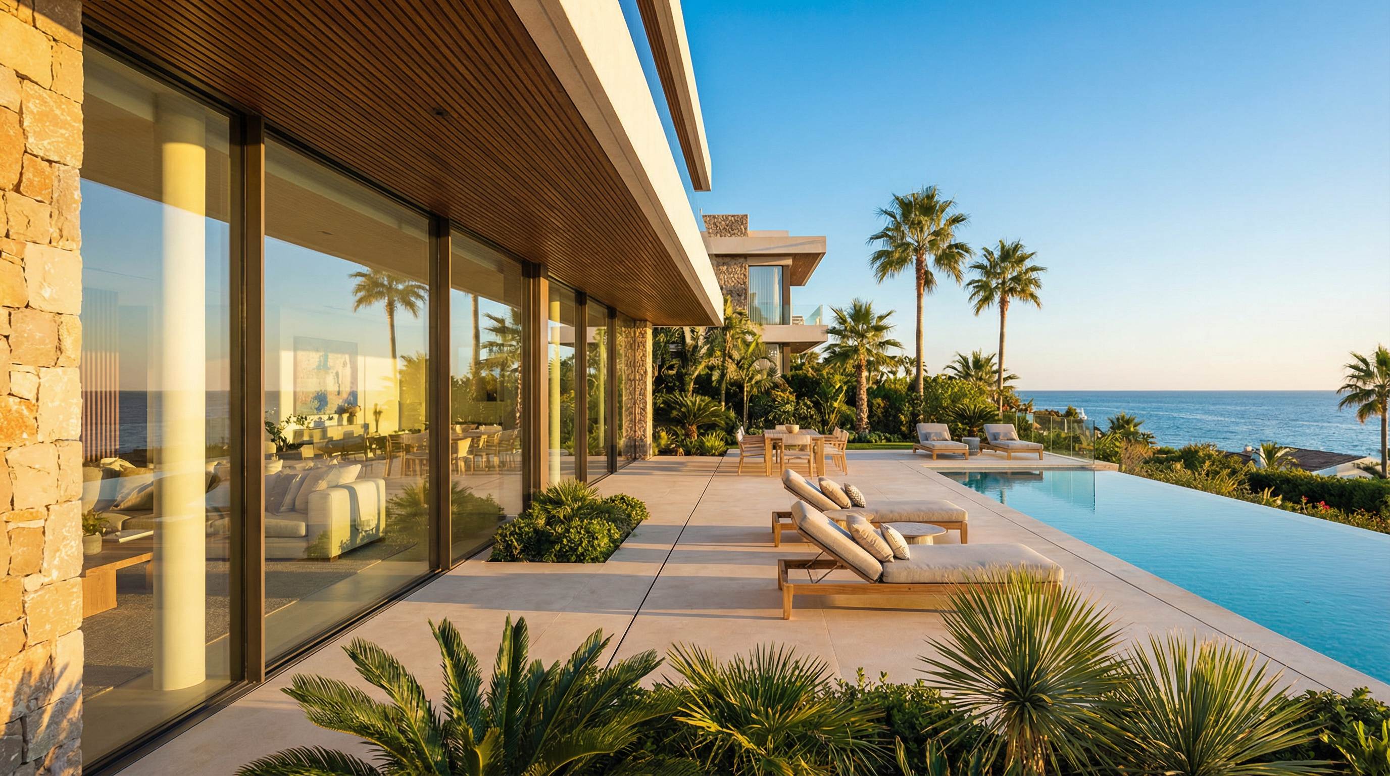 Współczesna willa na Costa del Sol z dużymi oknami, otoczona palmami i zielenią, z widokiem na morze i basen.