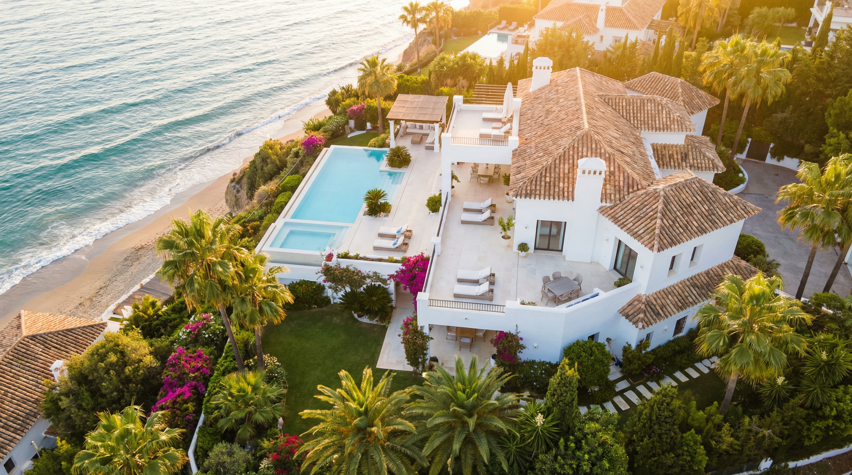 Aerial view of a luxury villa in Costa del Sol with Mediterranean architecture, surrounded by gardens and a beach, showcasing investment potential.