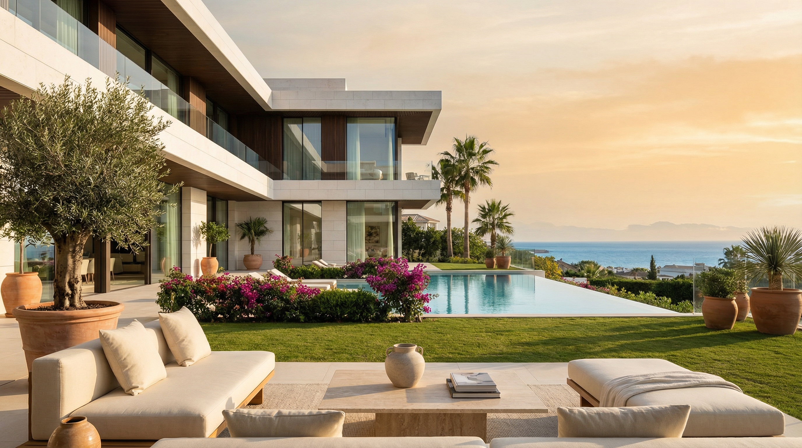 Nowoczesna rezydencja w Marbella na Costa del Sol, z eleganckim wykończeniem i luksusowym otoczeniem, w tle lazurowe morze.