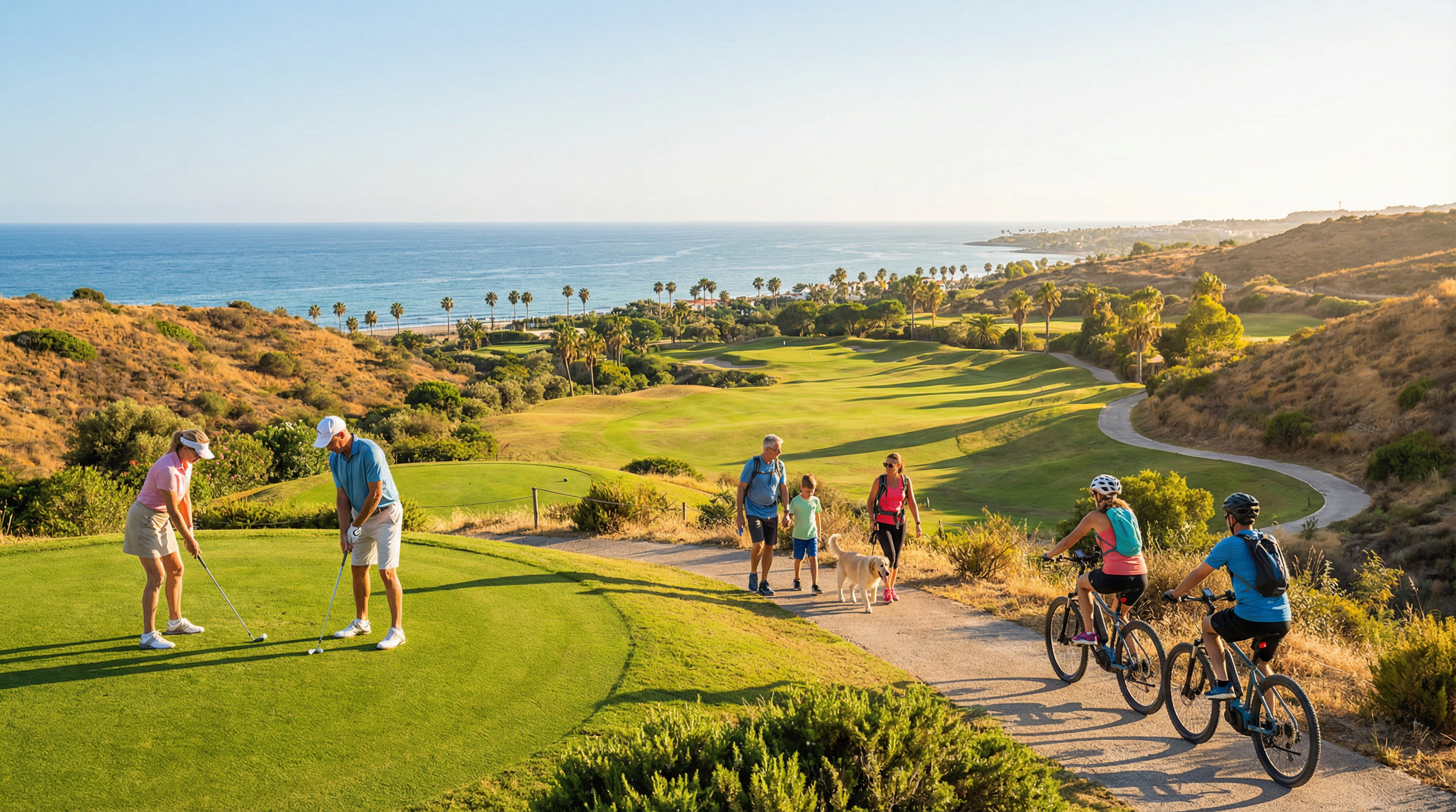 Aktywny styl życia w Costa del Sol: różnorodna grupa ludzi gra w golfa, jeździ na rowerze i wędruje na malowniczym tle gór i Morza Śródziemnego.