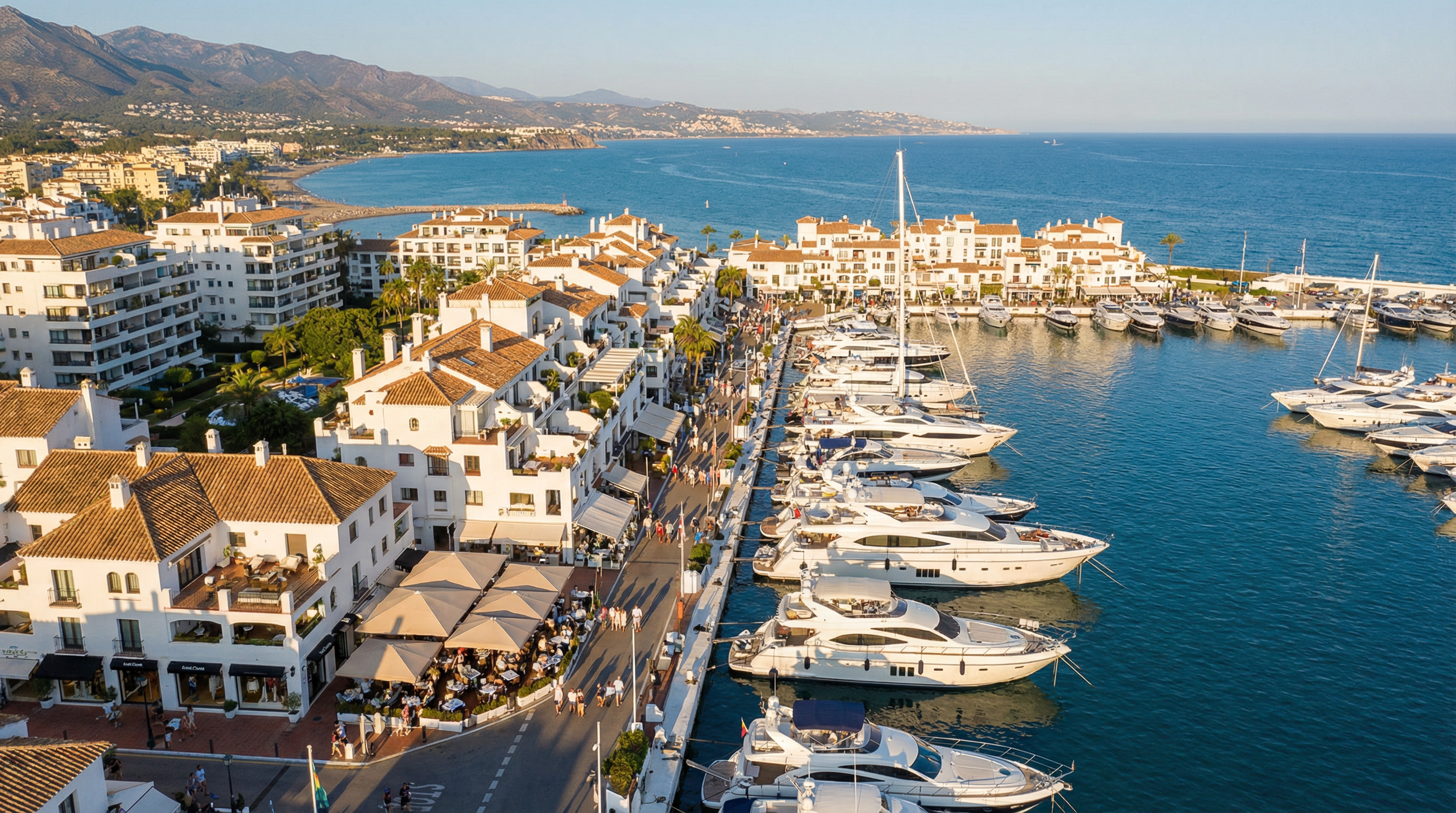 Luchtfoto van Puerto Banús, Costa del Sol, met jachten in de bruisende marina en moderne architectuur onder een zonnige mediterrane lucht.