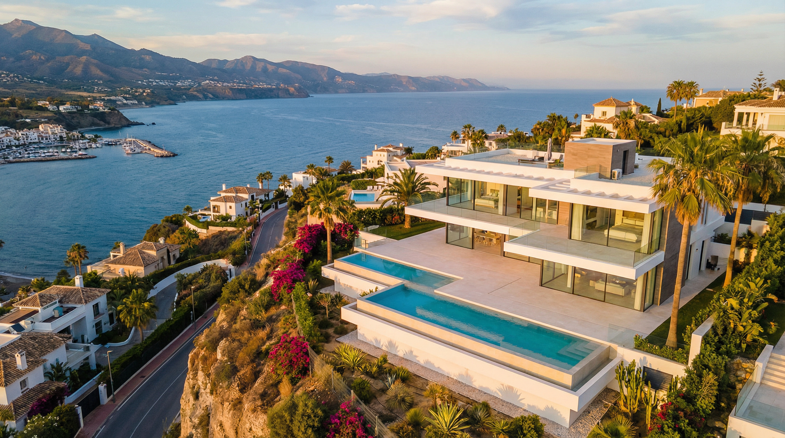 Luchtfoto van een moderne villa aan de Costa del Sol met een infinity pool en uitzicht op de Middellandse Zee, omgeven door tropische tuin.