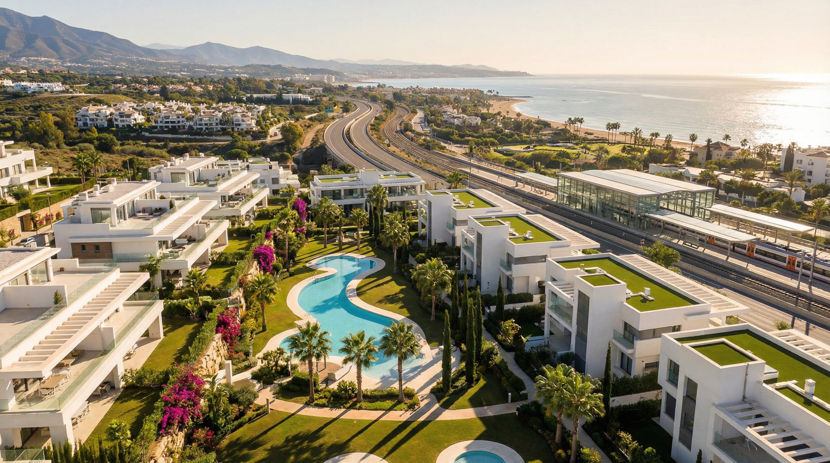 Widok z lotu ptaka na nowoczesne osiedle mieszkalne na Costa del Sol, z palmami i zadbanymi ogrodami oraz bliskością transportu.