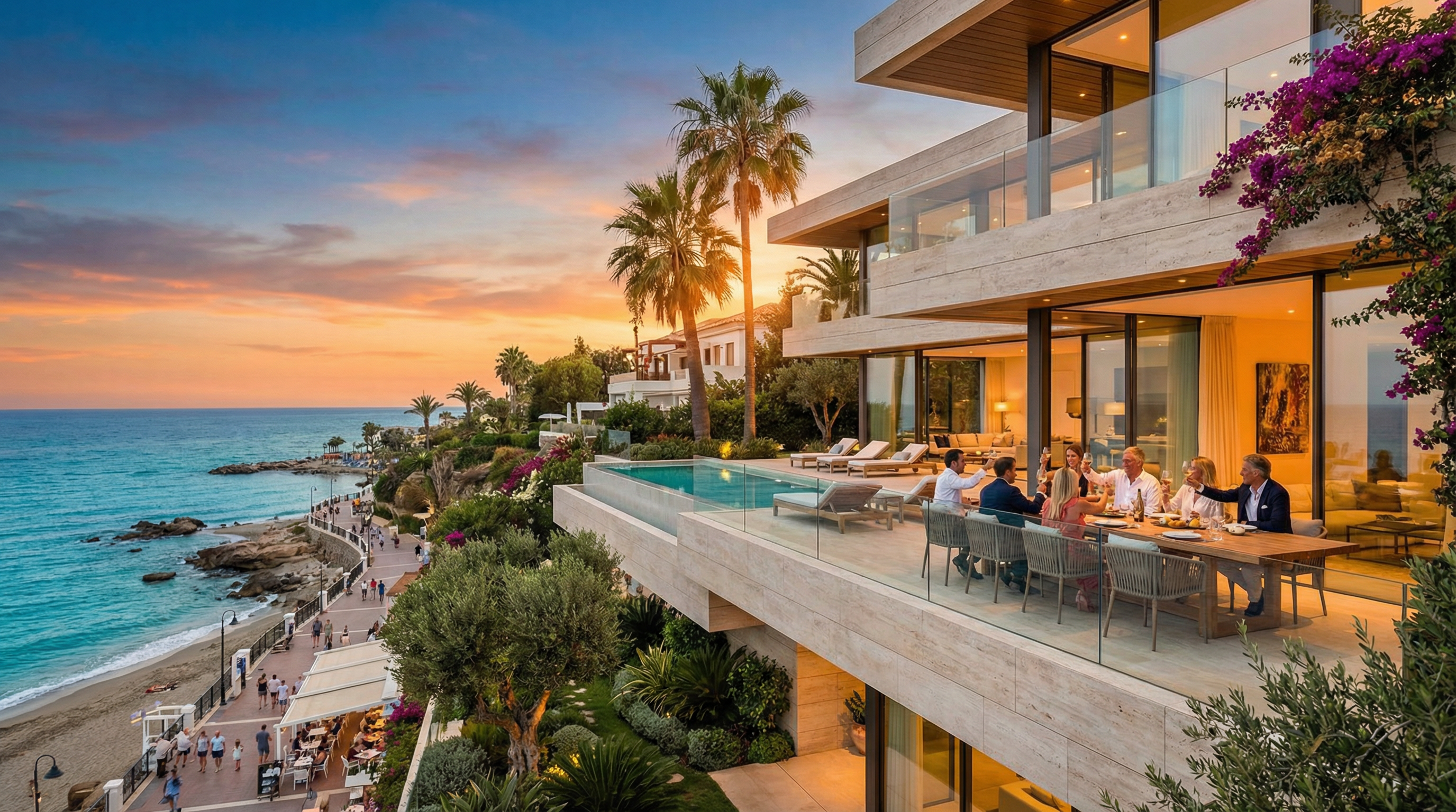 Modern fastighet med eleganta linjer och stora terrasser som vetter mot Medelhavet i Costa del Sol, omgiven av palmer och grönska.