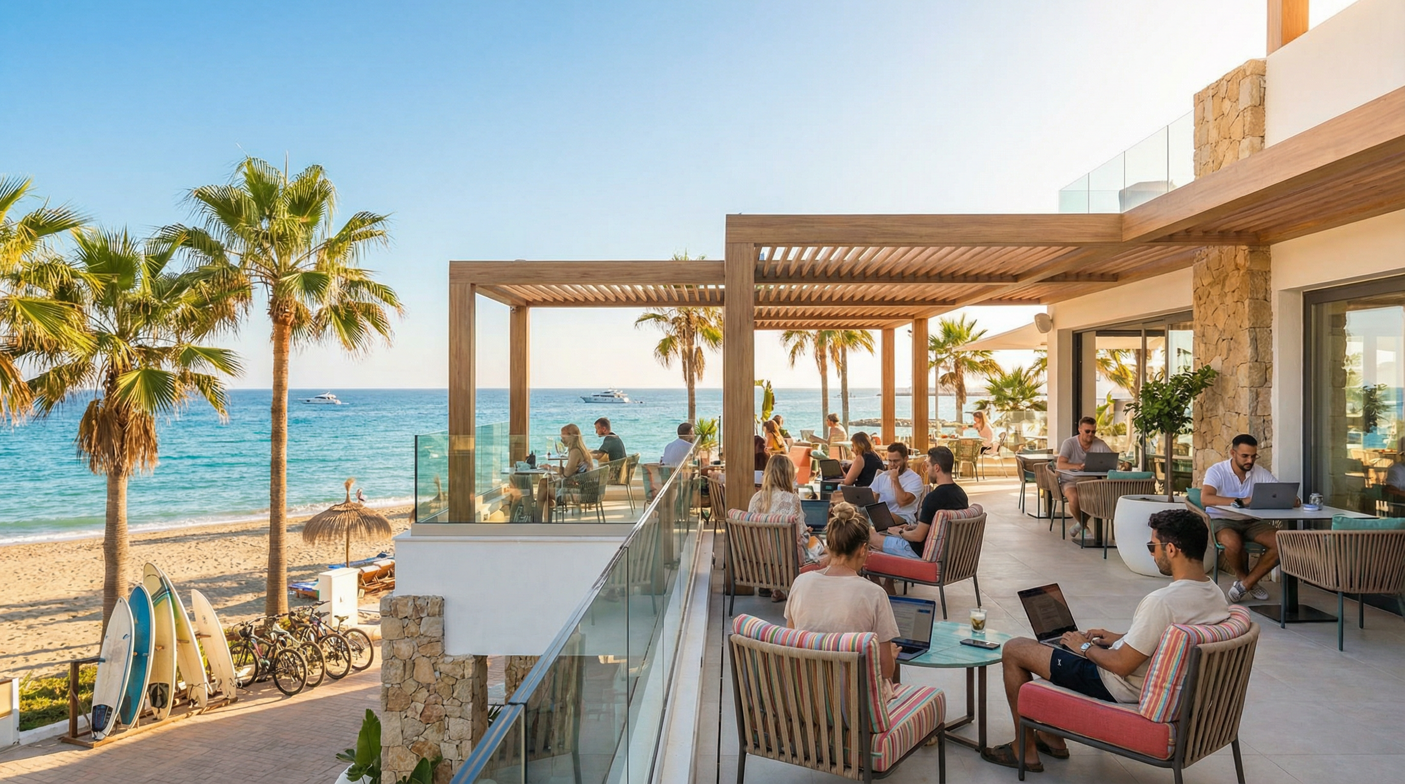 Kawiarnia na plaży w Puerto Banús, gdzie cyfrowi nomadzi pracują na laptopach w tle Morza Śródziemnego.