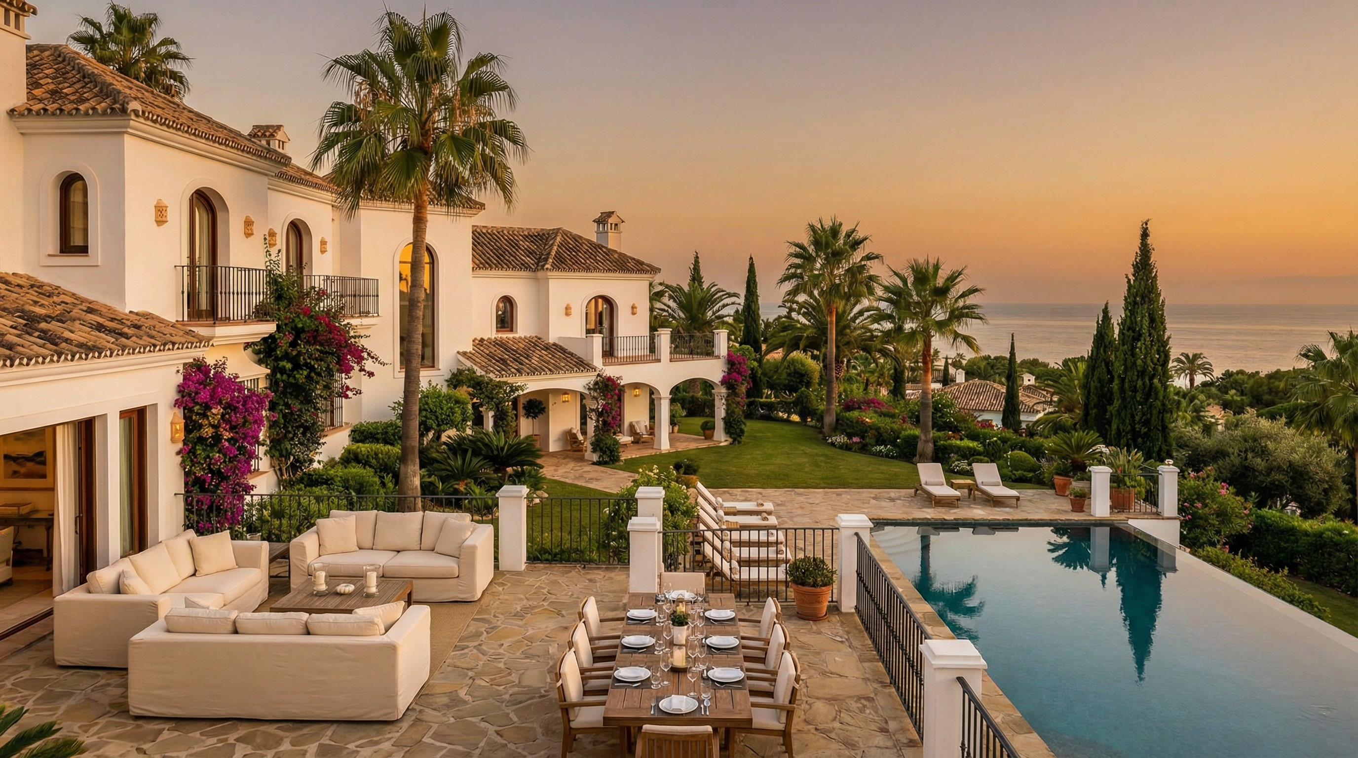 En lyxig villa på Golden Mile, Costa del Sol, med elegant medelhavsstil, omgiven av palmer och havsutsikt i varmt guldljus.