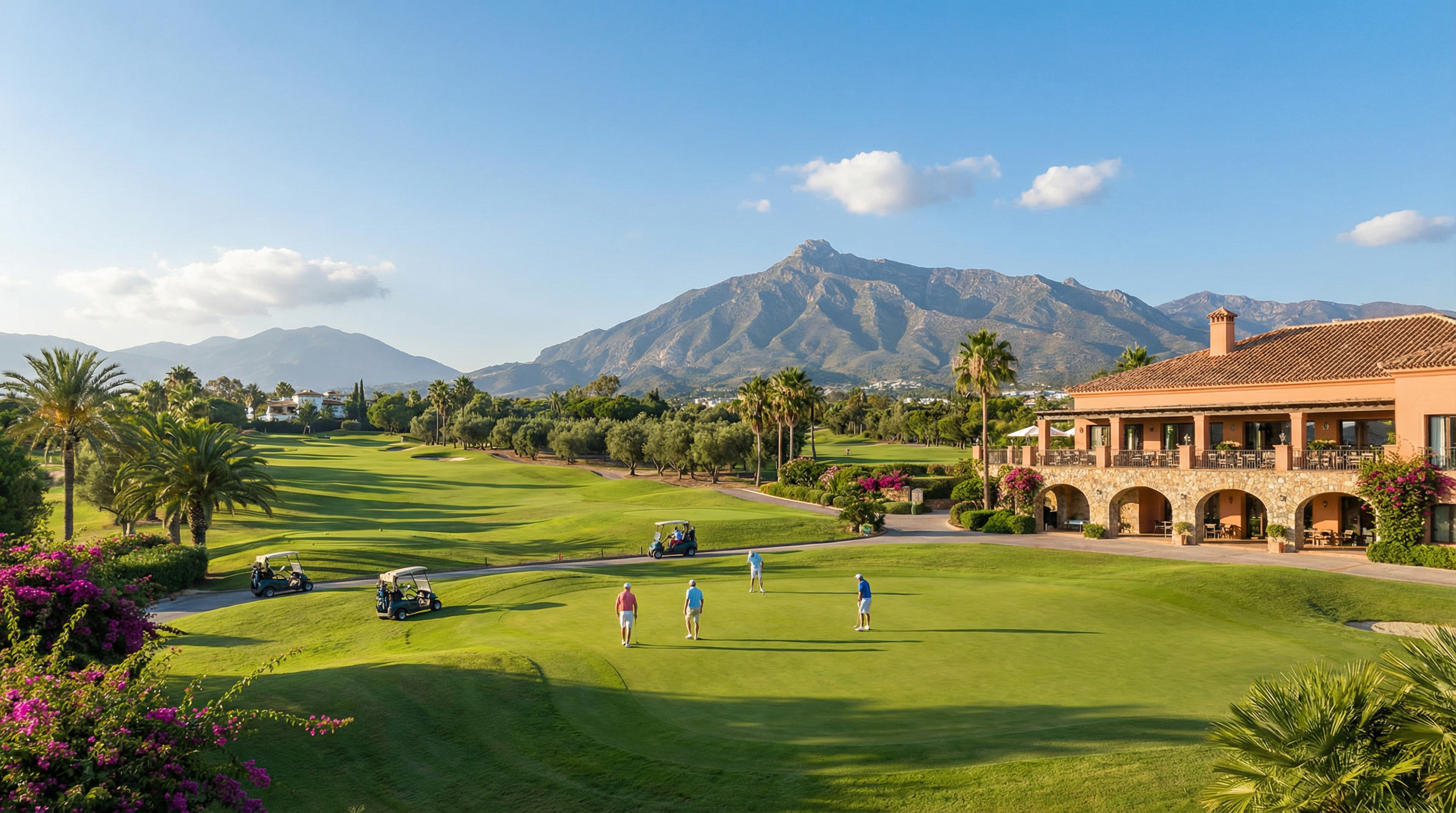 Panoramisk utsikt over en luksuriøs golfbane på Costa del Sol med velholdte greener og Sierra Blanca-fjellene i bakgrunnen.
