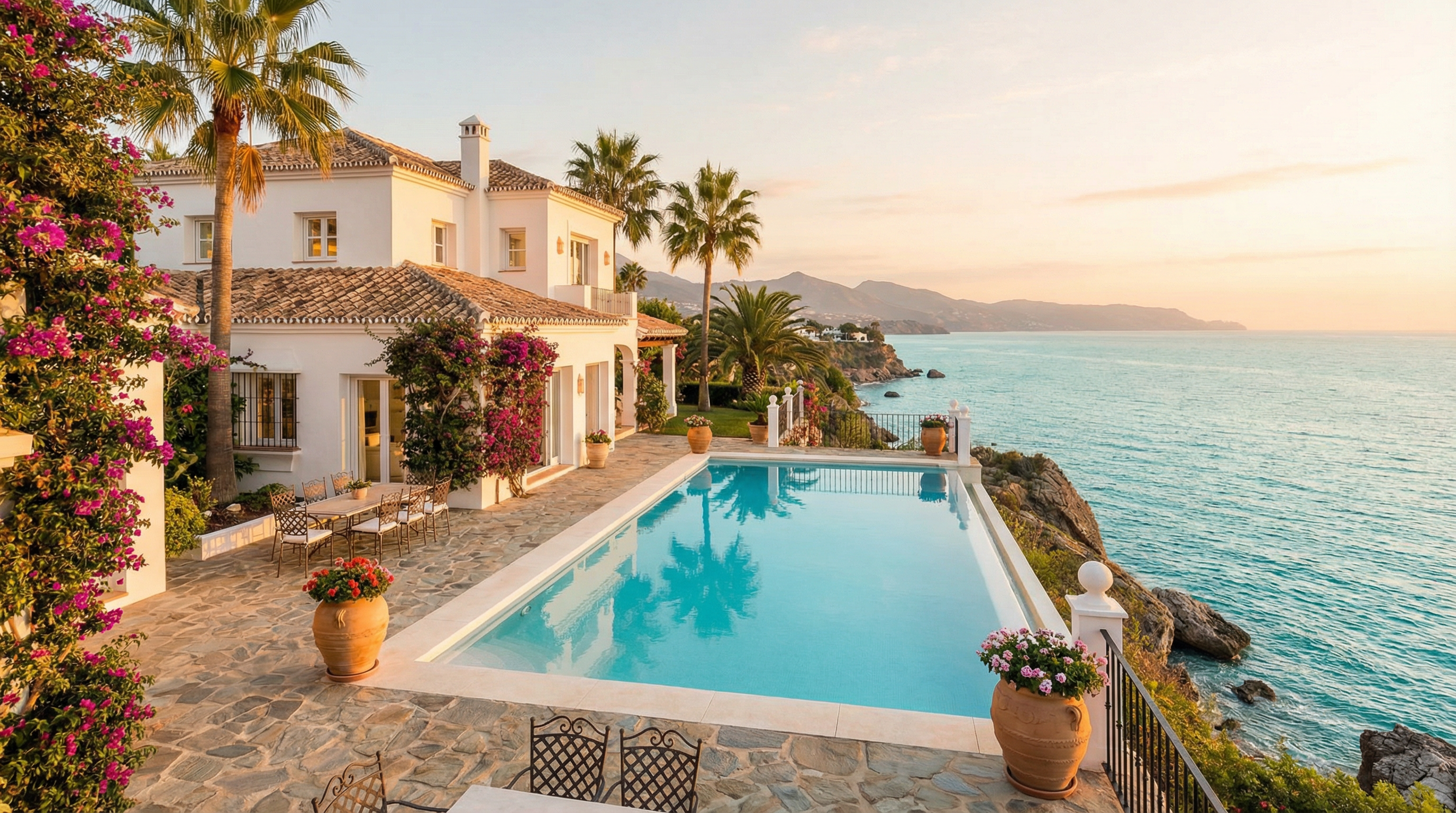 Storslået udsigt over en luksuriøs middelhavs villa i Costa del Sol med infinity pool og bølgende palmetræer i den gyldne time.