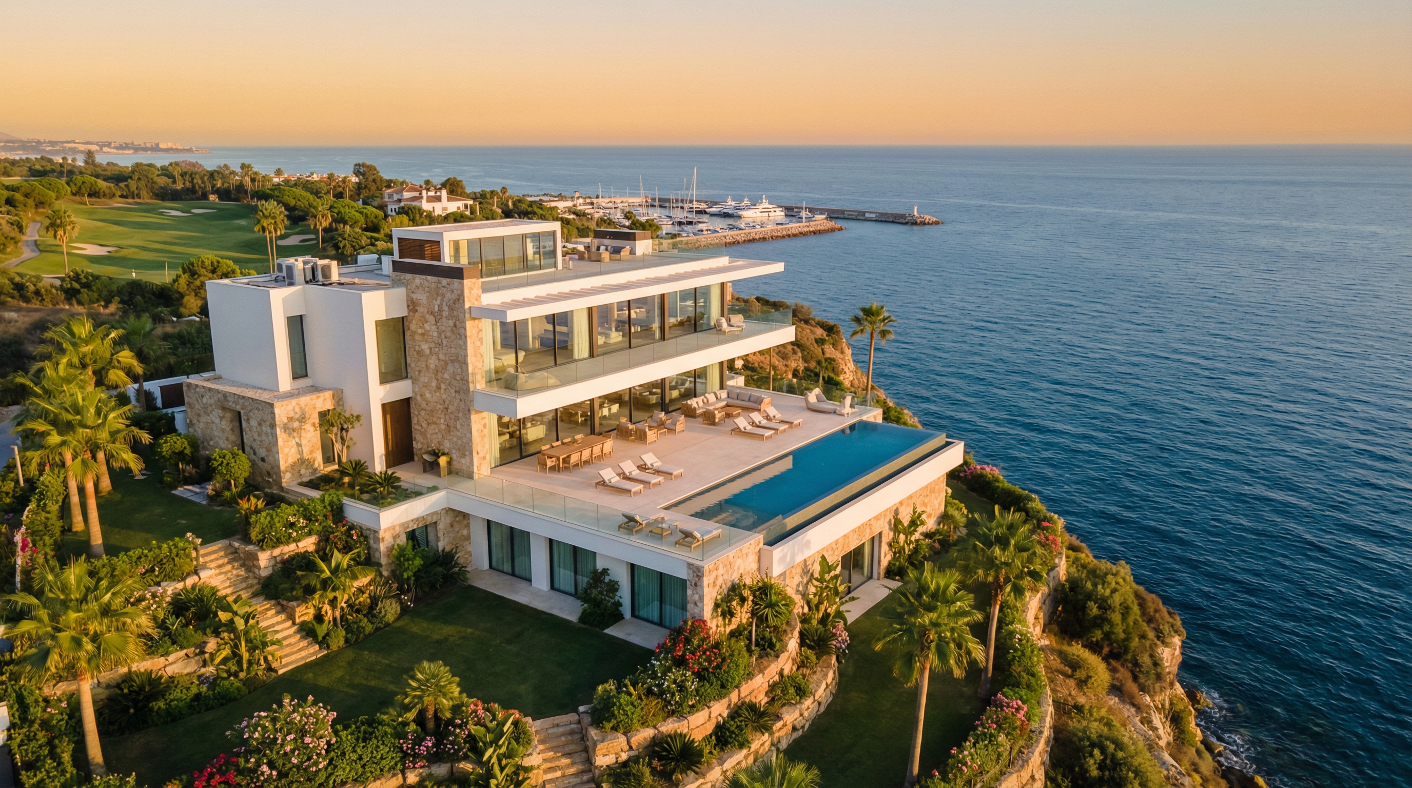 Luftaufnahme einer luxuriösen Villa an der Costa del Sol mit moderner Architektur, Infinity-Pool und Blick auf das Mittelmeer.