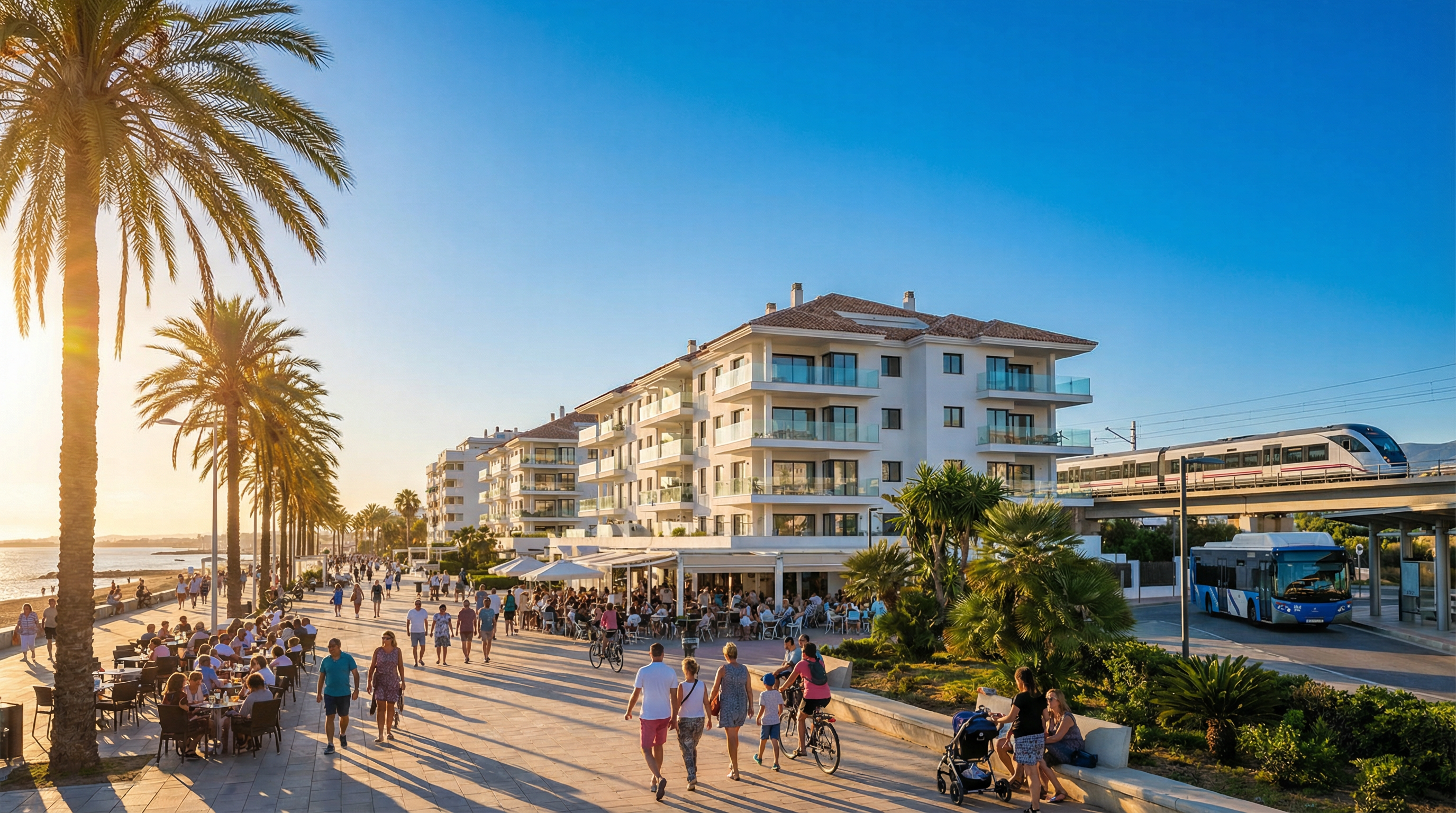 Sonnenverwöhnte Promenade an der Costa del Sol mit Fußgängern, modernen mediterranen Gebäuden und Blick auf öffentliche Verkehrsmittel.