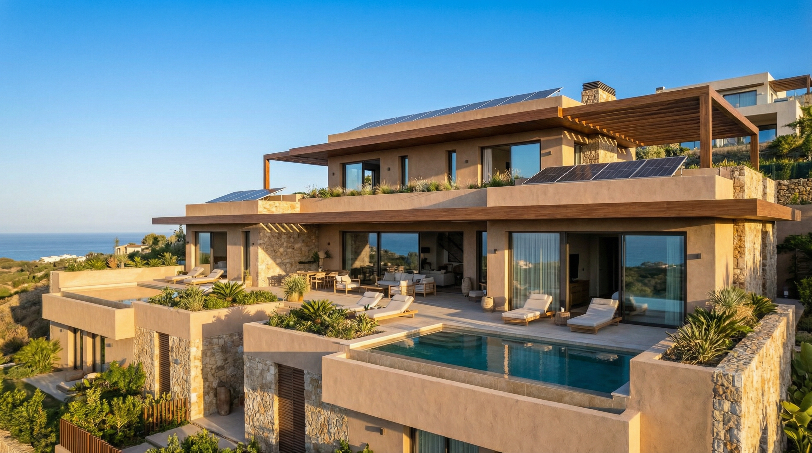 Korszerű mediterrán villa a Costa del Sol-on, földszínű homlokzatokkal, tágas üvegablakokkal és zöld kerttel.