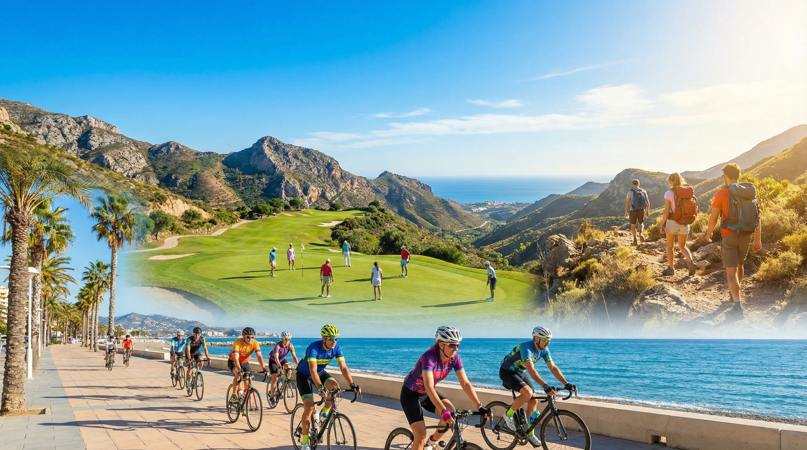 Aktive Sportler auf der Costa del Sol: Golfspieler auf einem grünen Platz, Wanderer mit Küstenblick und Radfahrer auf der Promenade.