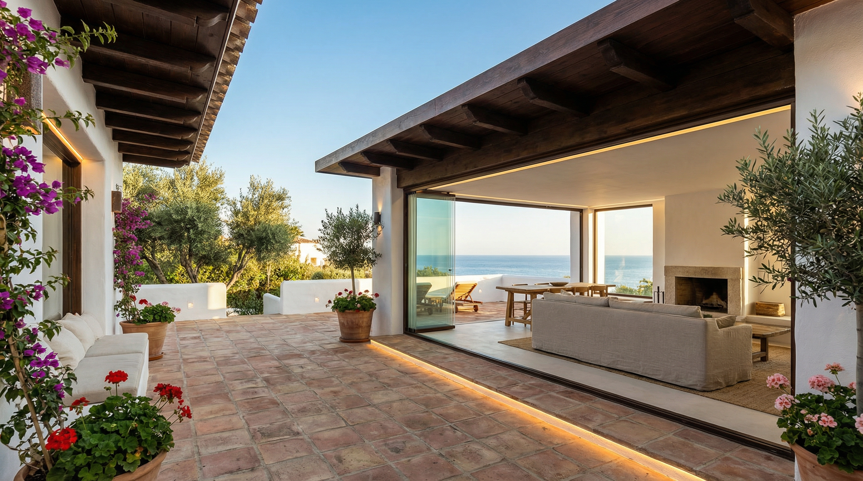 Kaunis rantavilla Costa del Solissa, yhdistäen perinteisen Välimeren arkkitehtuurin ja modernit design-elementit, avara terassi ja lasiseinä.