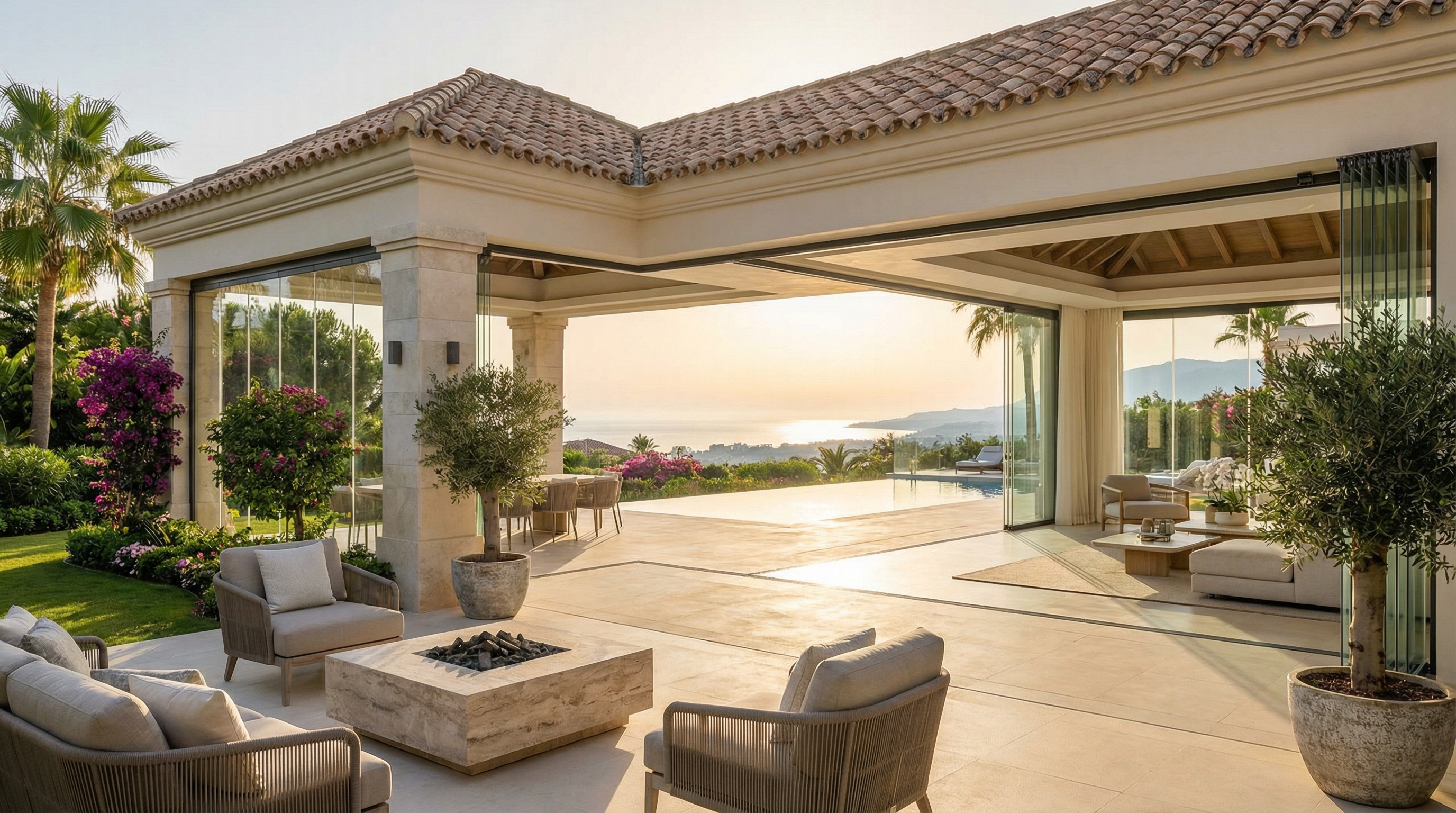 Villa moderne sur la Costa del Sol, mélange d'architecture méditerranéenne et contemporaine, avec vue sur la mer Méditerranée.