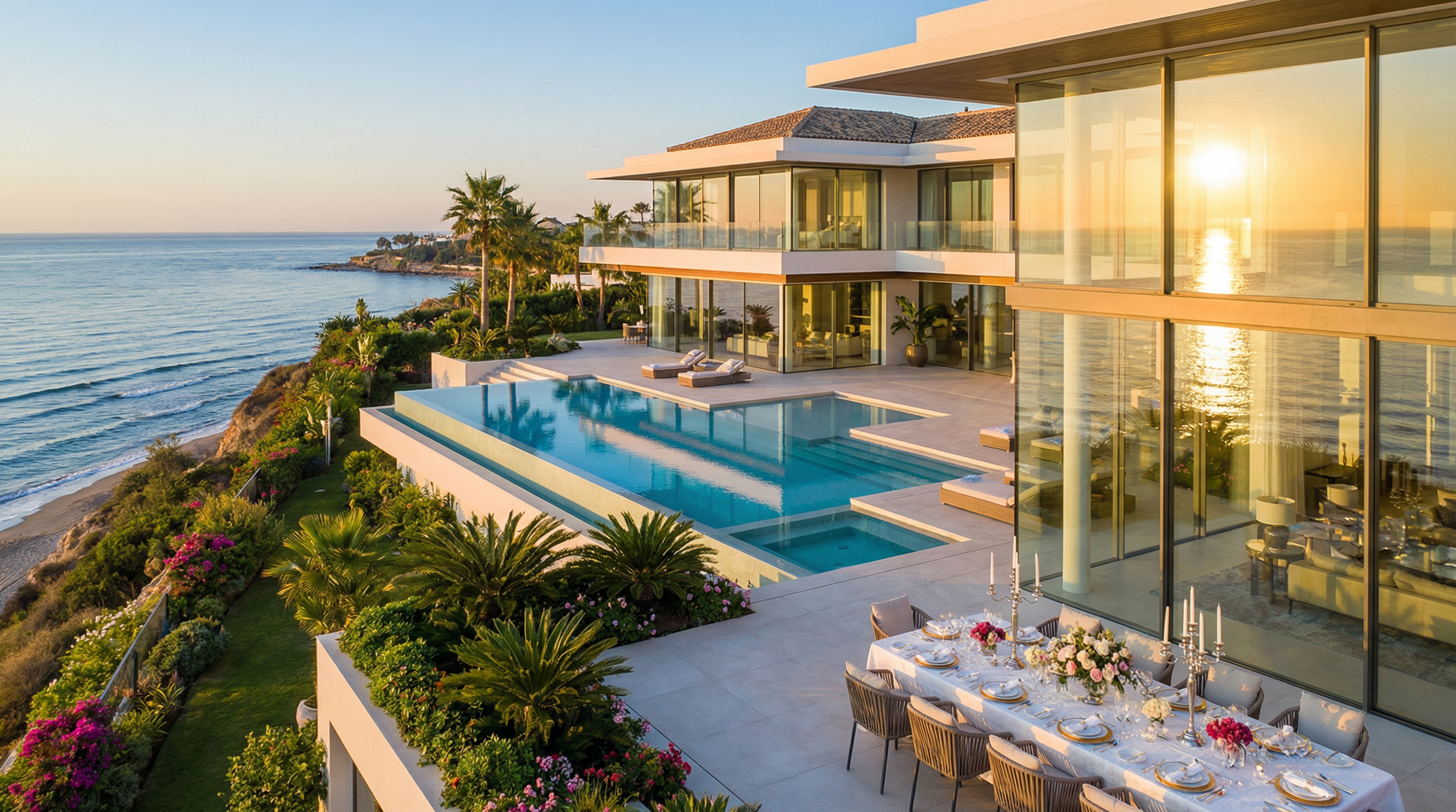 Vue aérienne d'une villa luxueuse sur la Costa del Sol, avec piscine à débordement et jardins luxuriants, évoquant le style de vie méditerranéen.