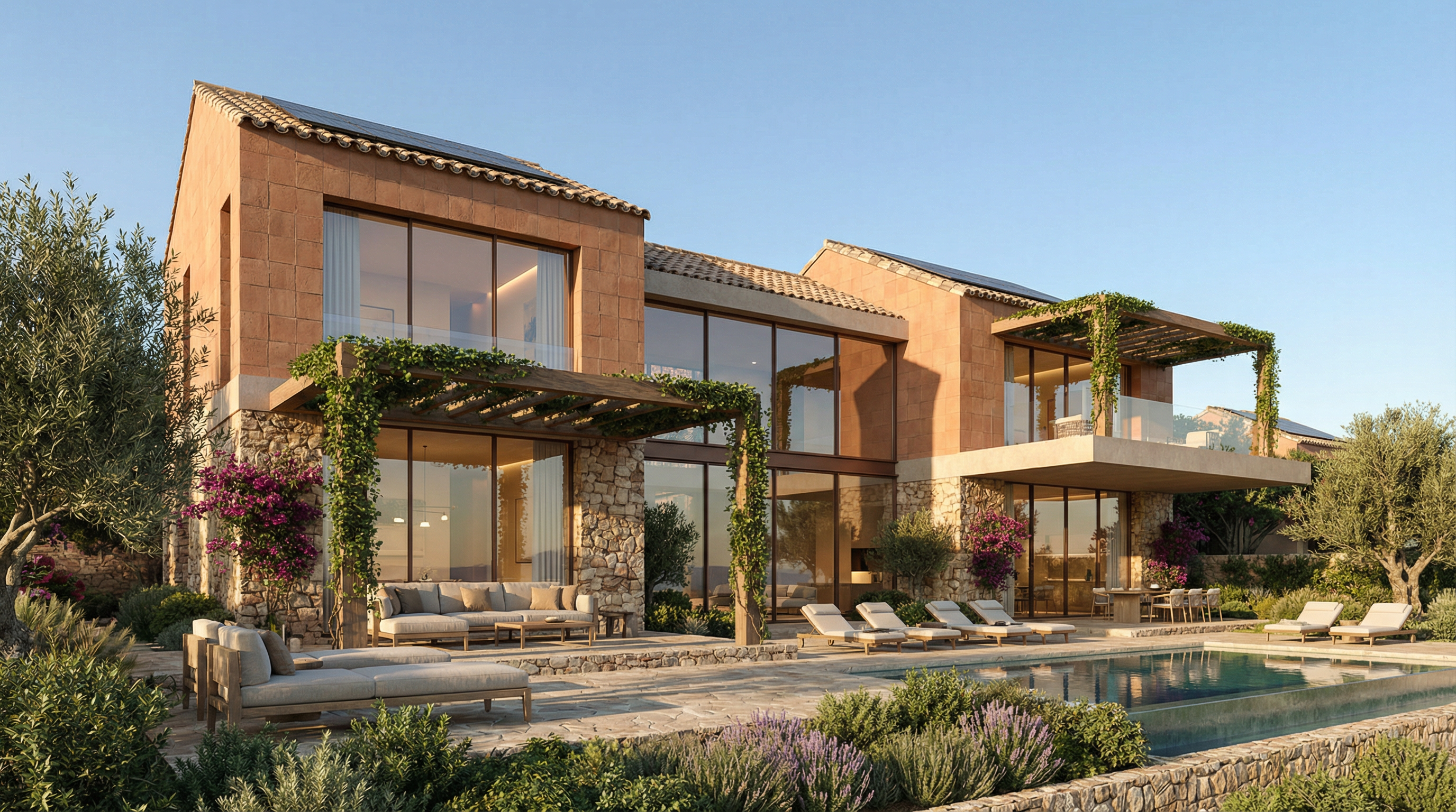 A stunning villa in Costa del Sol, blending Mediterranean architecture with contemporary design, featuring warm clay tones and large glazing.