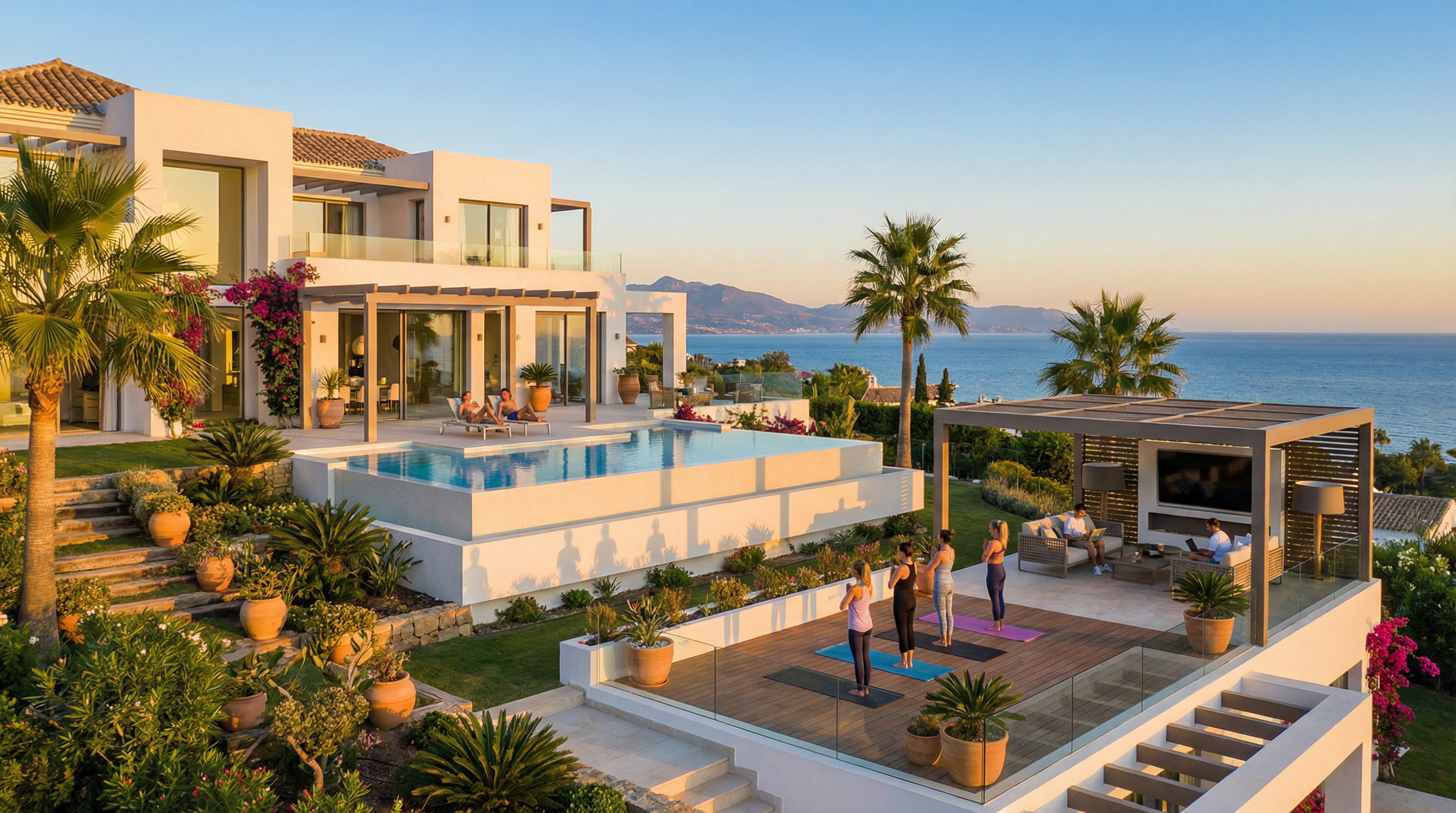 Modern Costa del Sol property featuring luxurious amenities like a heated pool, outdoor lounge, and landscaped gardens under the Mediterranean sun.