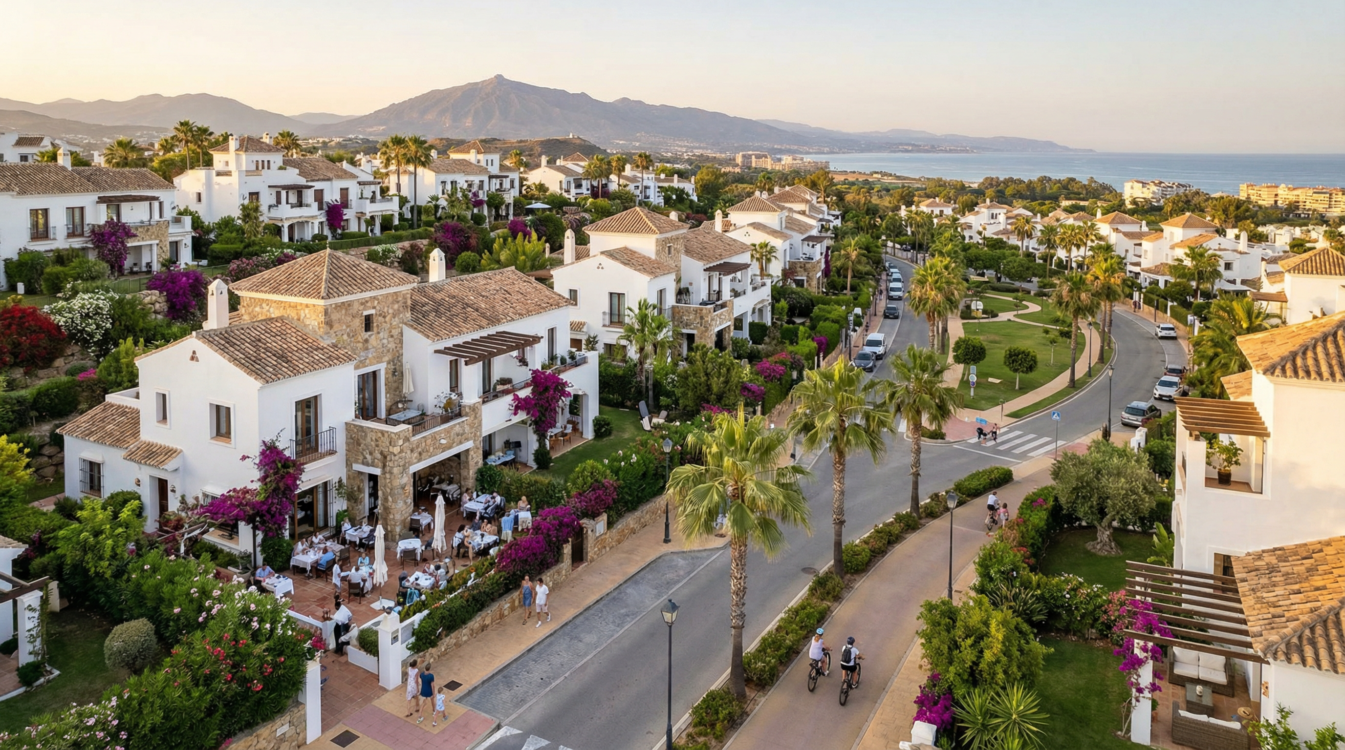 Panoramautsikt över en modern bostadsområde i Costa del Sol med elegant medelhavsstil, vita byggnader, terrakottatak, palmer och livlig atmosfär.