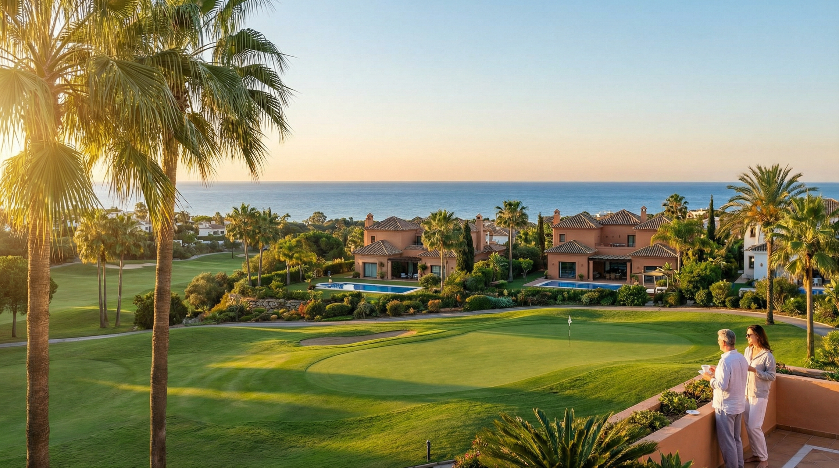 Luxus golfpálya a Costa del Solon napfelkeltében, pálmafákkal és elegáns villákkal a háttérben, a mediterrán tenger látképe.