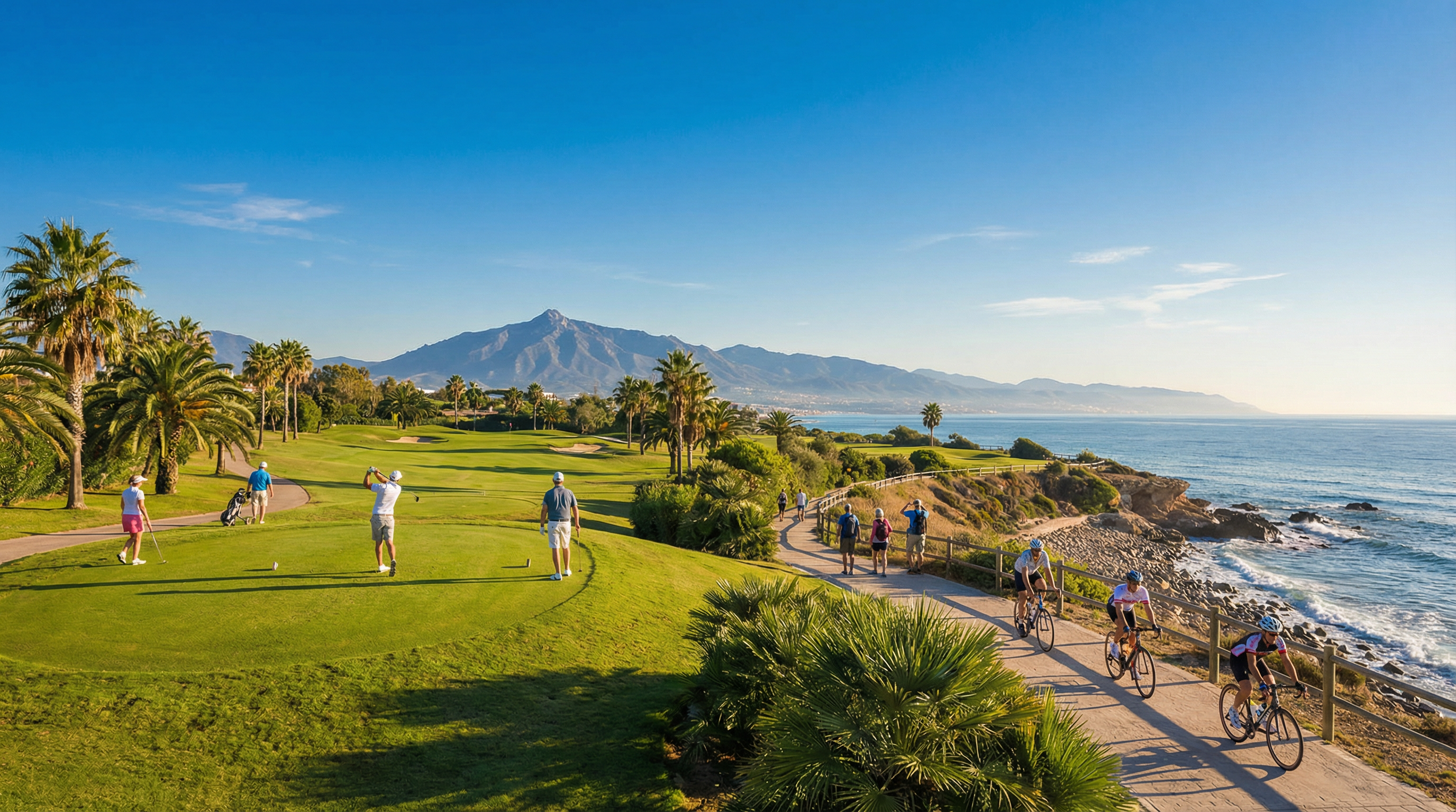 A Costa del Sol gyönyörű golfpályája napsütésben, ahol játékosok élvezik a játékot, háttérben túrázók és kerékpárosok a Földközi-tenger mellett.