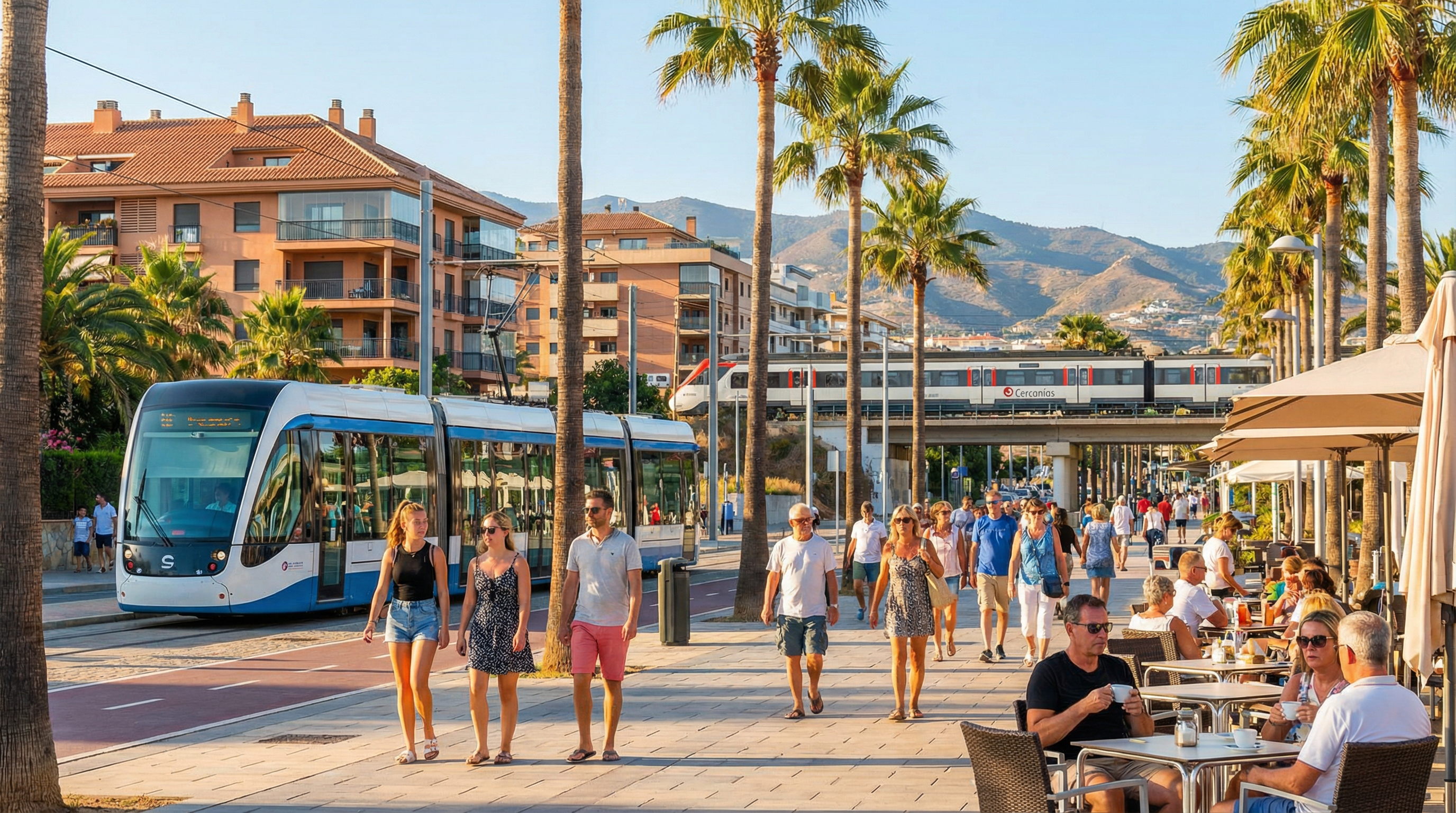 A Costa del Sol nyüzsgő utcáján, modern busz és Cercanías vonat látható, pálmafákkal szegélyezett sétány mellett, ahol emberek élvezik a napfényt.