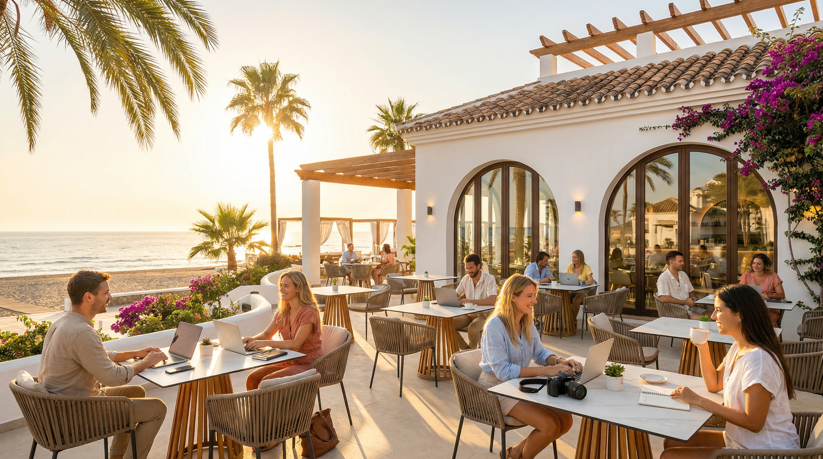 Moderne utendørs kafé langs Costa del Sol, med folk som jobber på laptopene sine i et solfylt miljø. Palmer og strandutsikt.