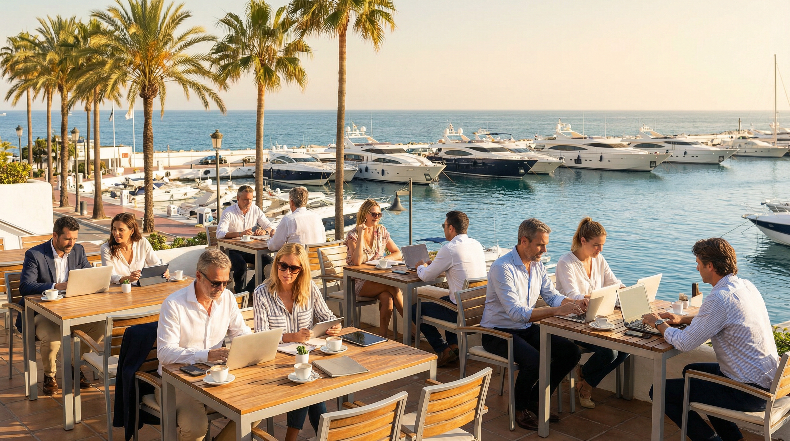 En livlig strandscene i Puerto Banús, Costa del Sol, med digitale nomader, der arbejder på laptops i et stilfuldt caféområde ved havet.