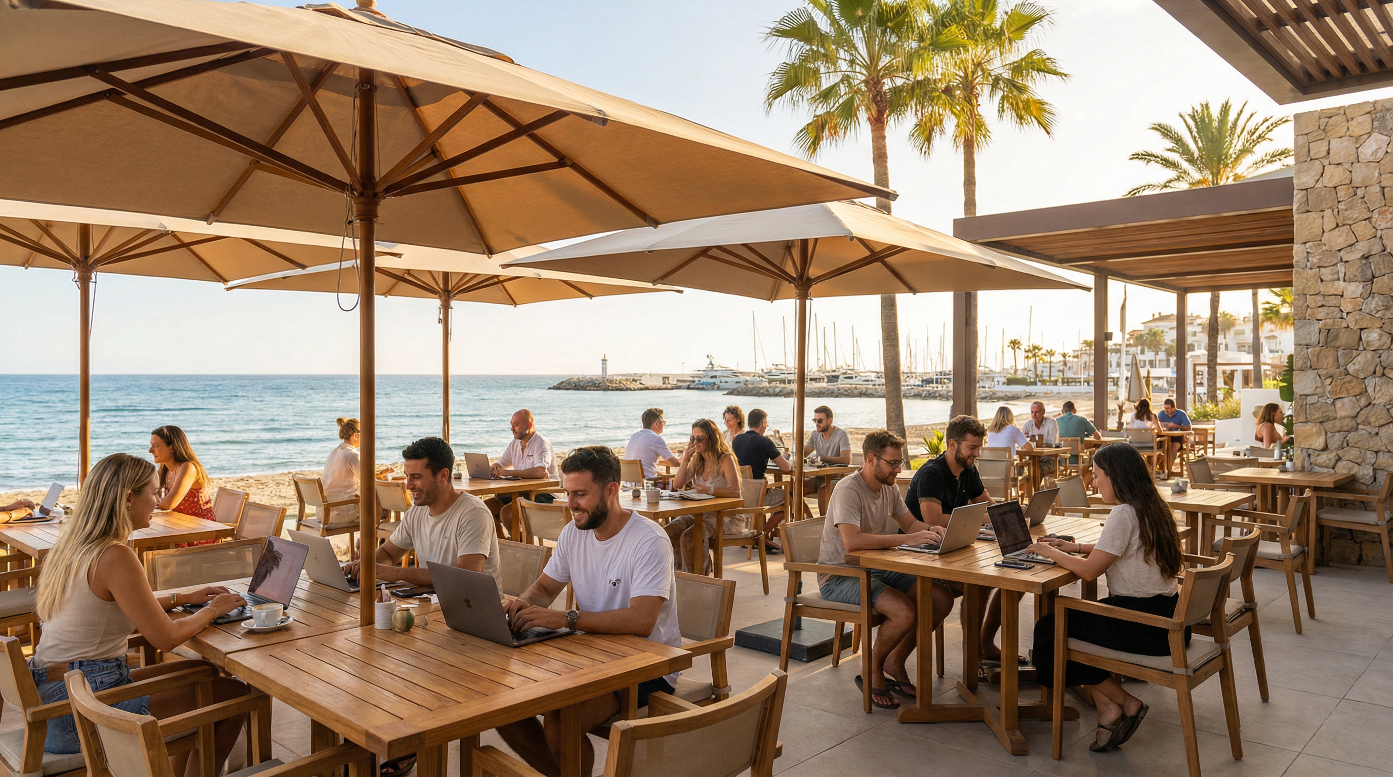 Eine Gruppe vielfältiger digitaler Nomaden arbeitet an Laptops in einem Café in Puerto Banús an der Costa del Sol, mit dem Mittelmeer im Hintergrund.