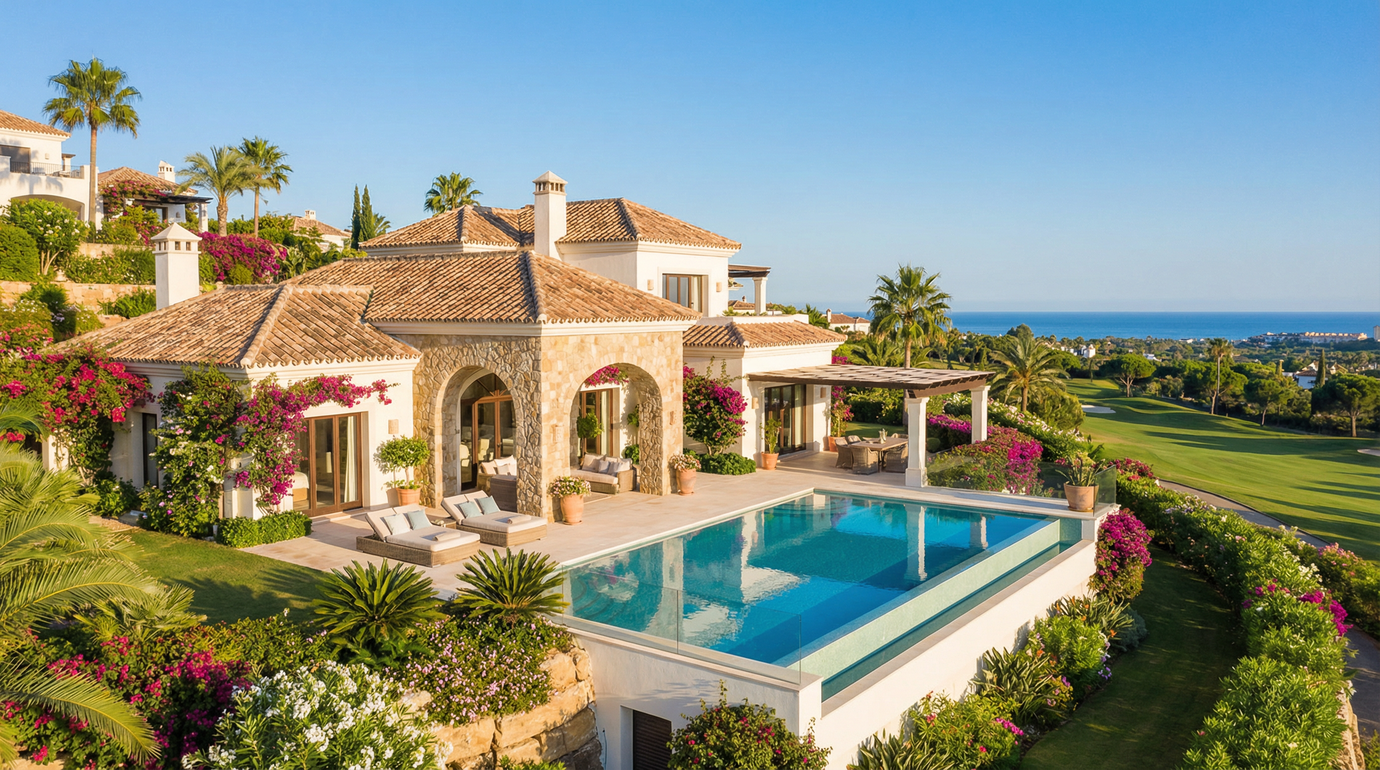 En luksuriøs villa i Costa del Sol med elegant middelhavsarkitektur, frodige haver og en infinity pool med udsigt over kystlinjen.