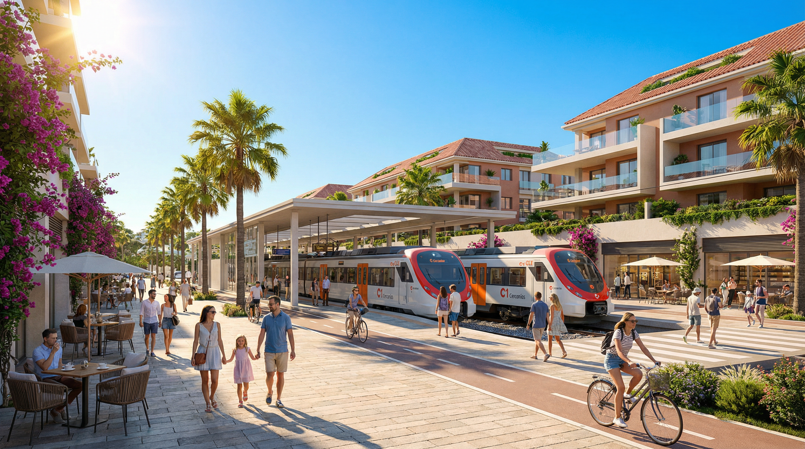 Moderne transportinfrastruktur i Costa del Sol i 2026 med C1 Cercanías tog, sykkelstier og livlige mennesker i en solfylt gate.