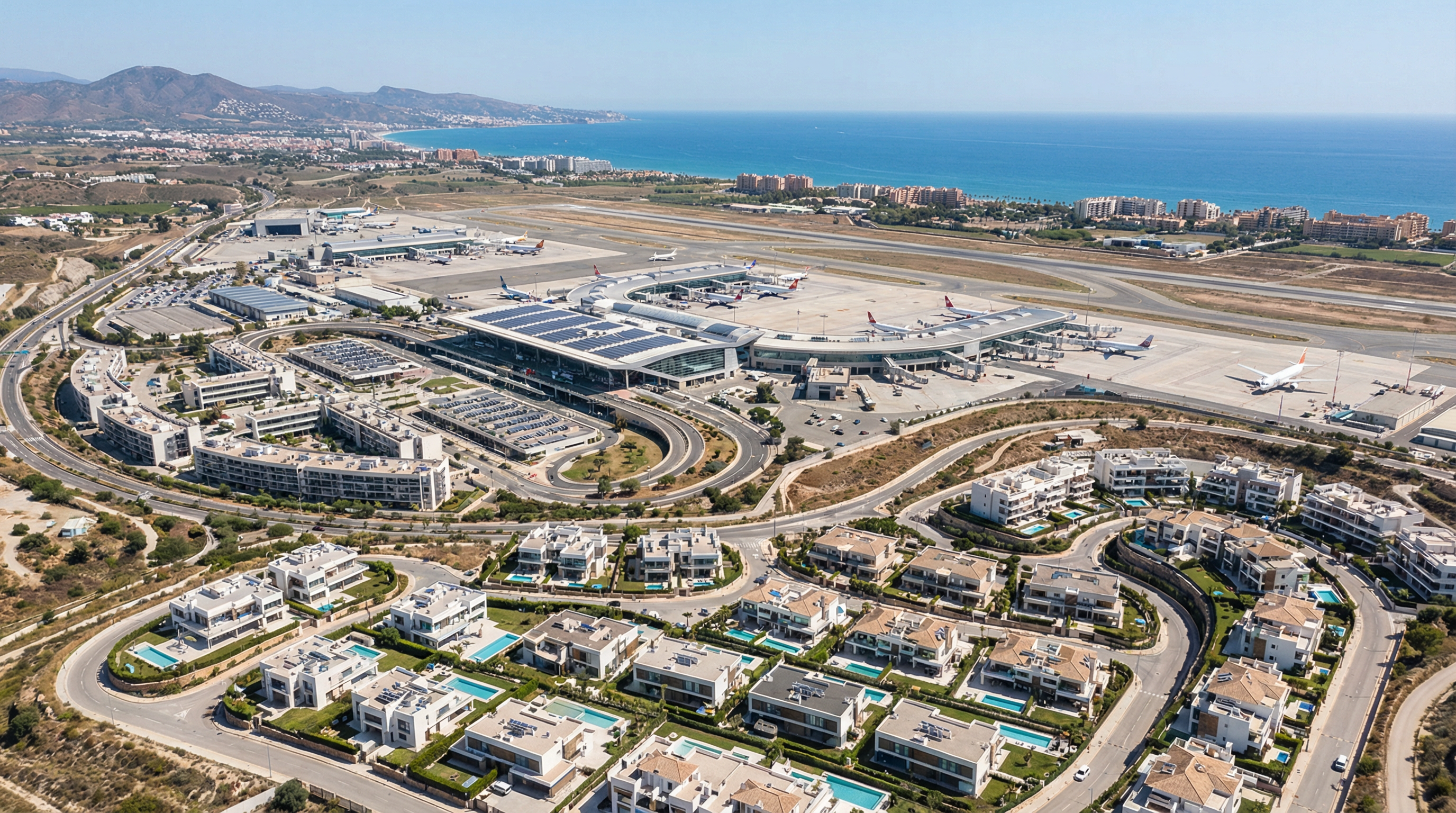 Luftbild av Málaga flygplats med moderna terminaler och Costa del Sols kust i bakgrunden, som visar livlig aktivitet och närliggande lyxiga bostäder.