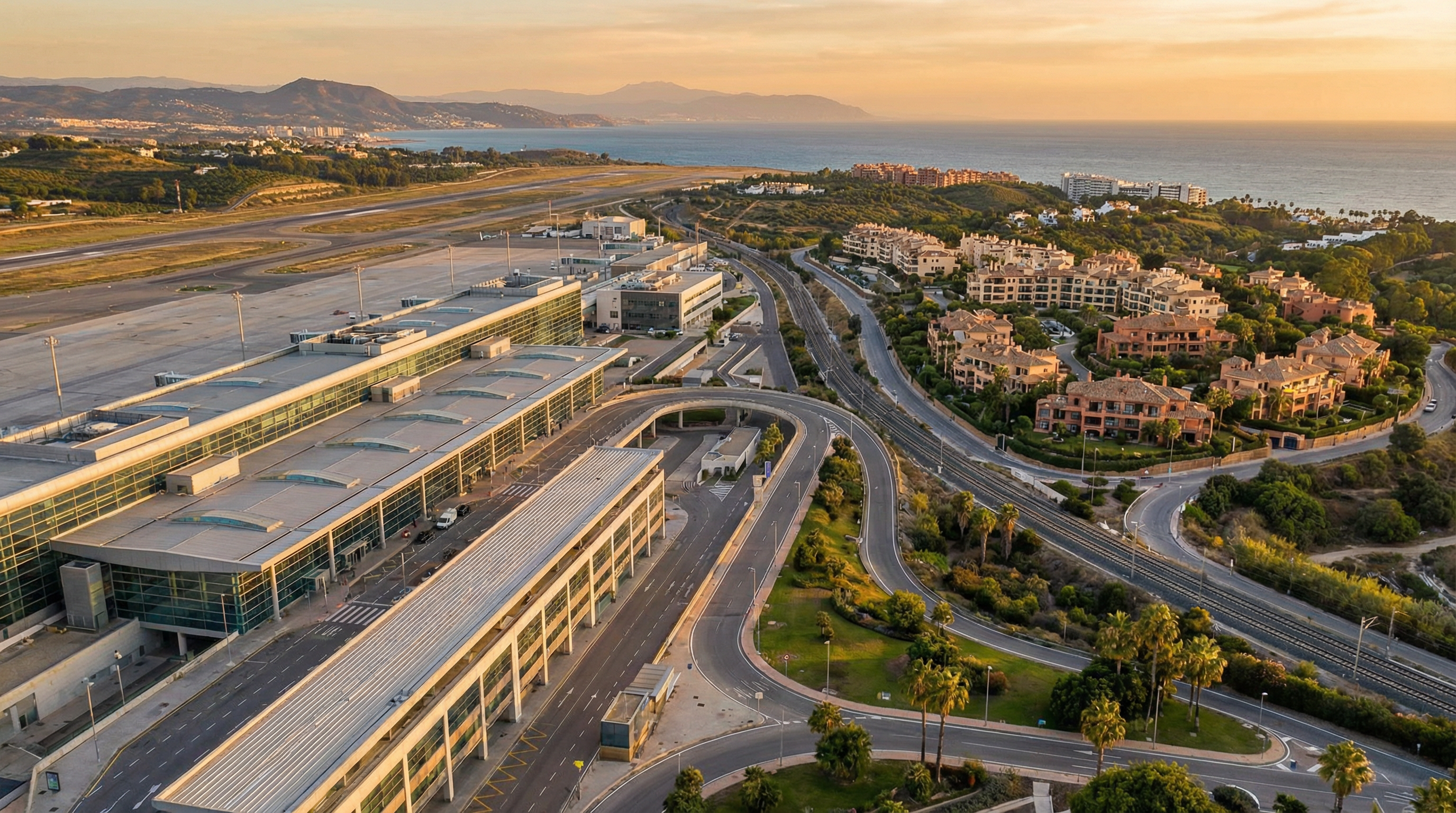 Aerial view of Málaga Lufthavn med moderne terminal og Costa del Sols kystlinje, luksuriøse villaer og infrastruktur i gyldent lys.