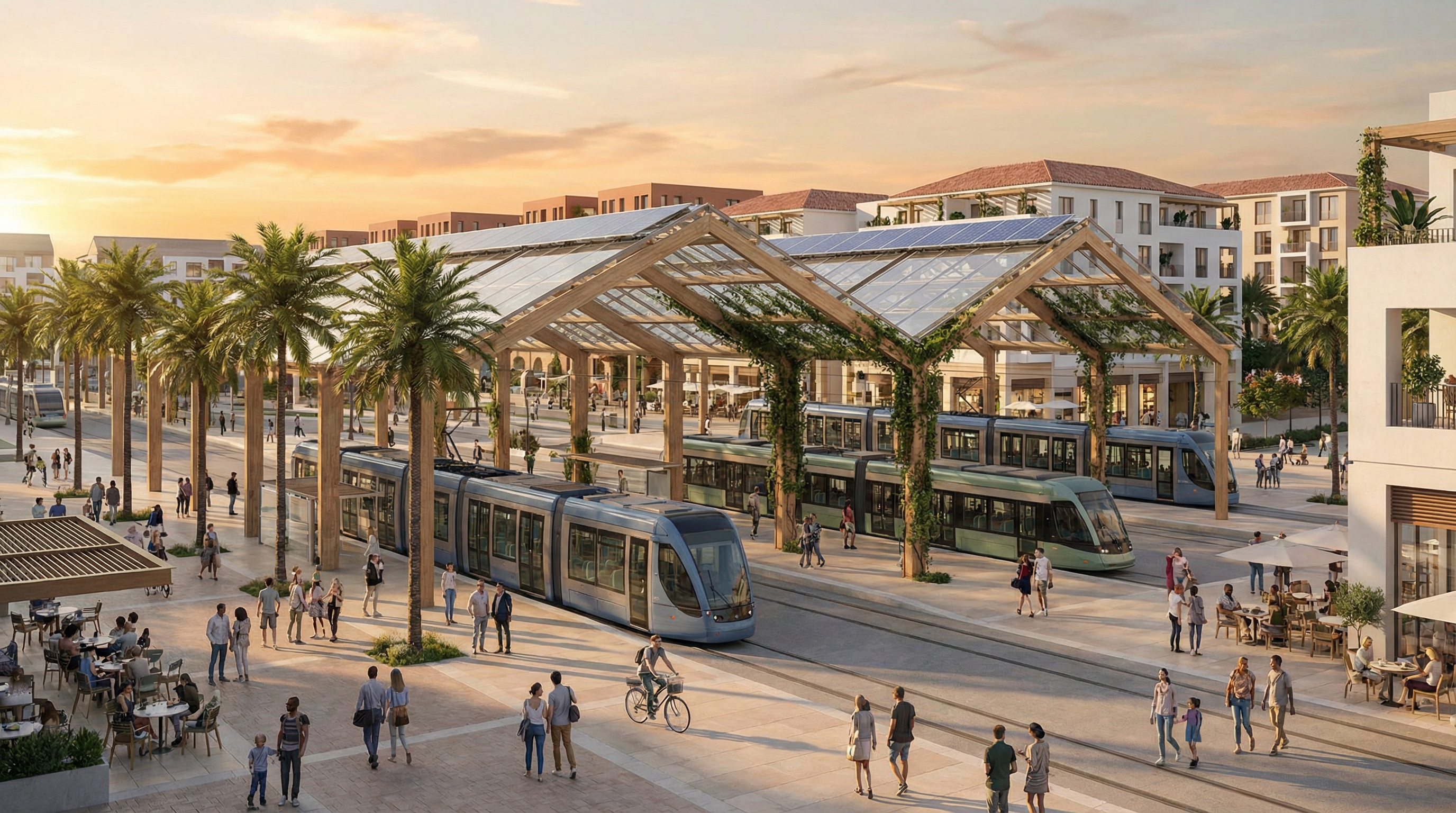 Moderne, miljøvennlig kollektivtransportknutepunkt på Costa del Sol med elektriske tog og trikker, omringet av palmer og moderne arkitektur.