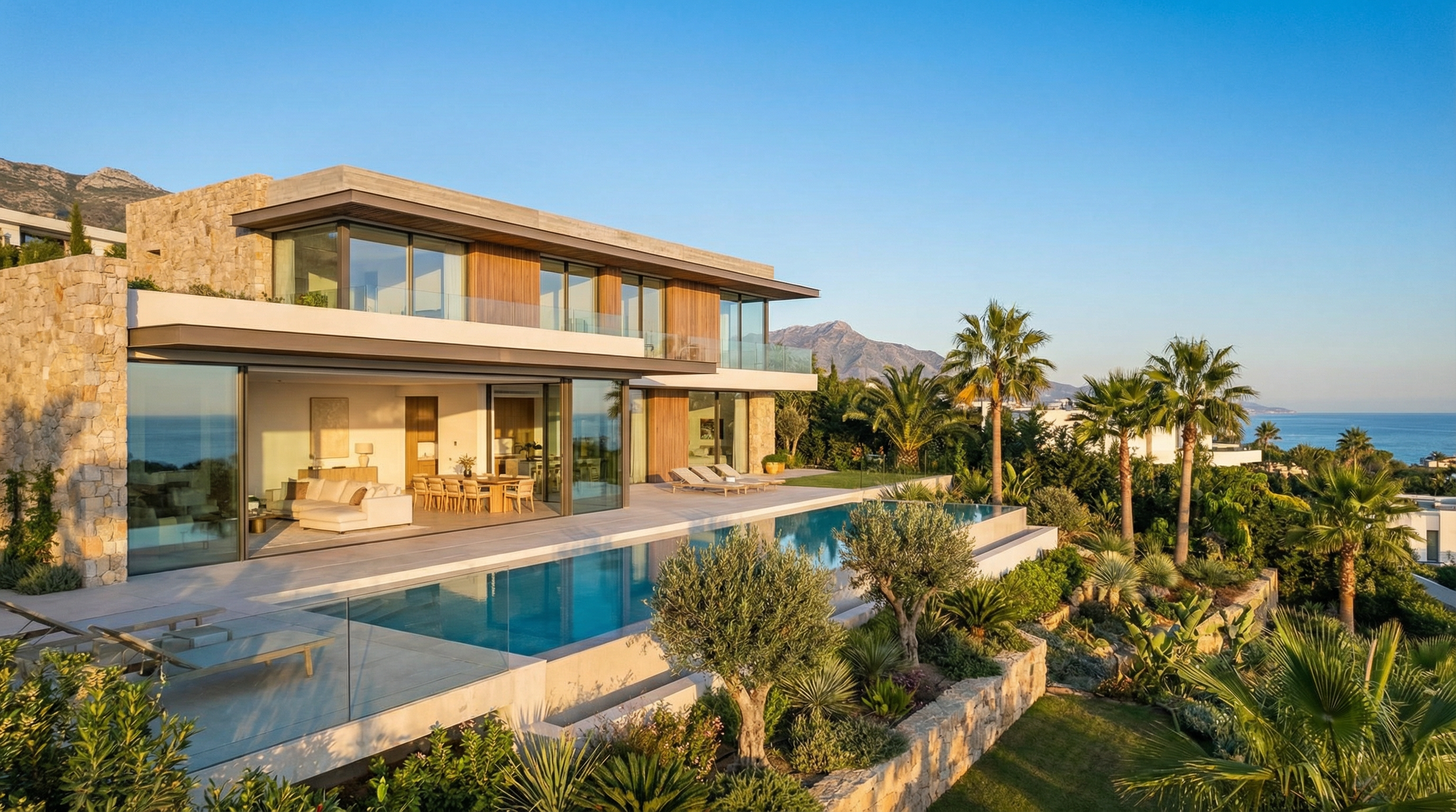 Modern villa a Costa del Sol-on, nagy üvegablakokkal, gyönyörű kerttel és végtelen medencével, a mediterrán tengerrel a háttérben.