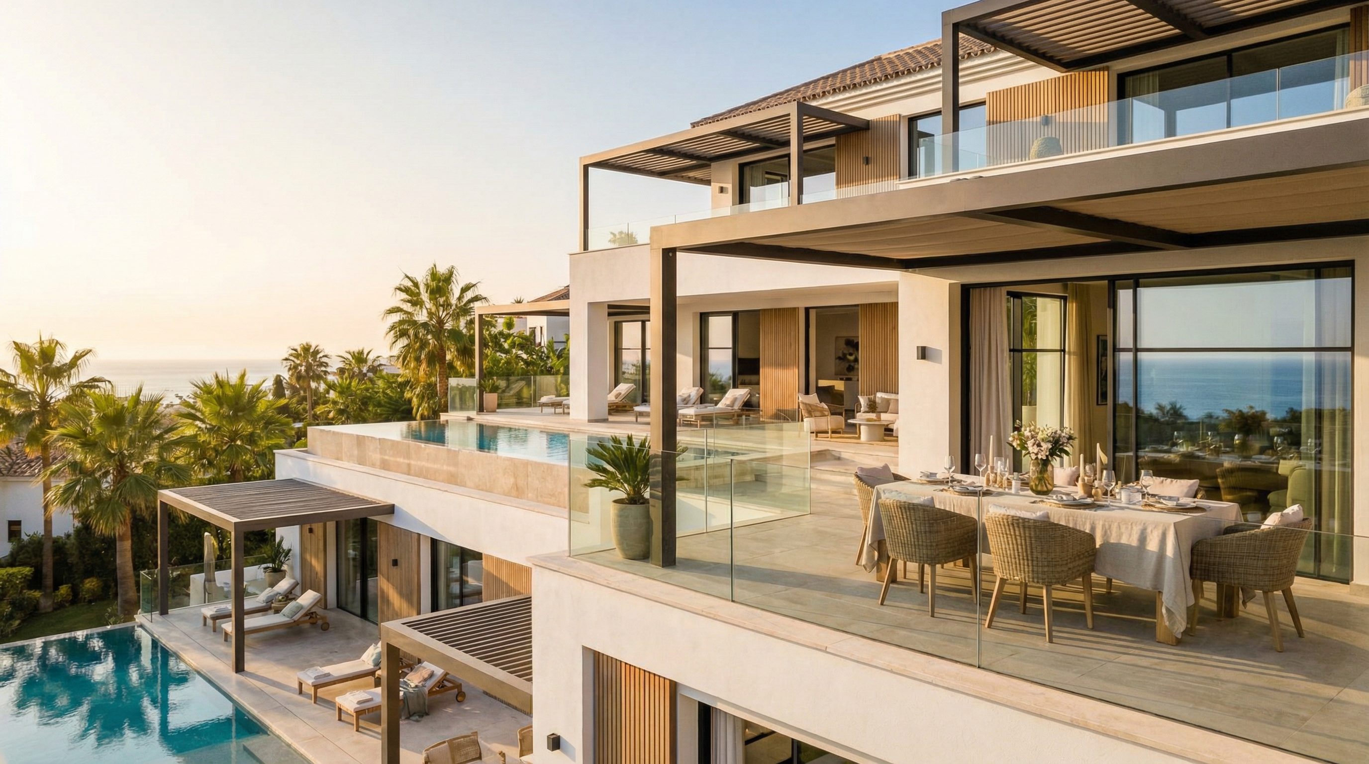 Luxueuze branded residence aan de Costa del Sol met moderne mediterrane architectuur, prachtig uitzicht op de zee en een stijlvolle eetruimte buiten.