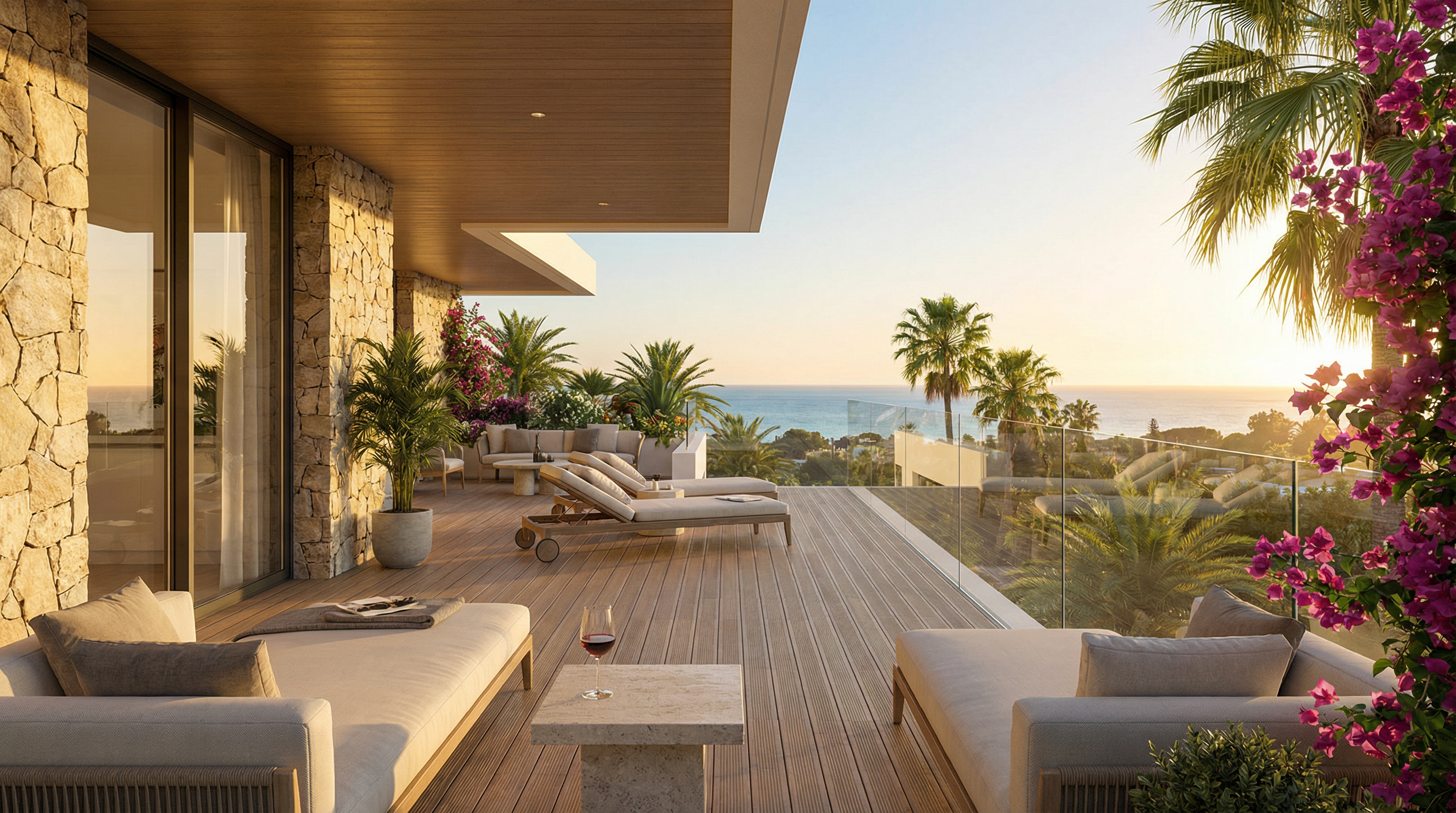 Panoramavy av en modern lägenhet på Costa del Sol med utsikt över Medelhavet. Balkongen är inredd med stiliga möbler och omgiven av grönska.